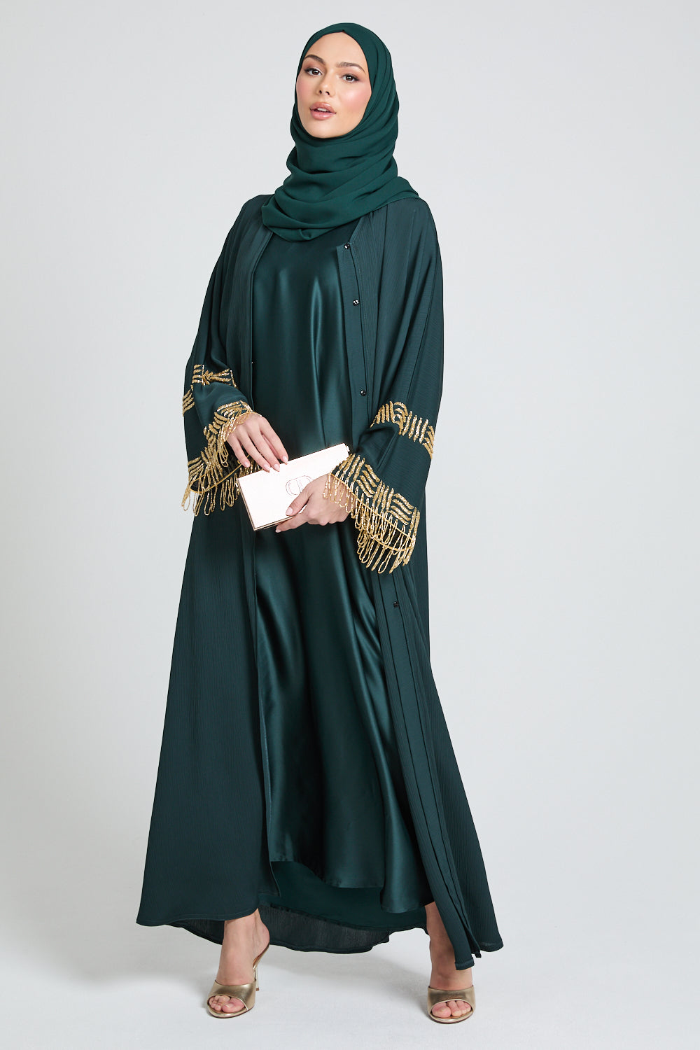 Premium Textured Regal Tassel Embellished Cuff Open Abaya - Emerald Noir