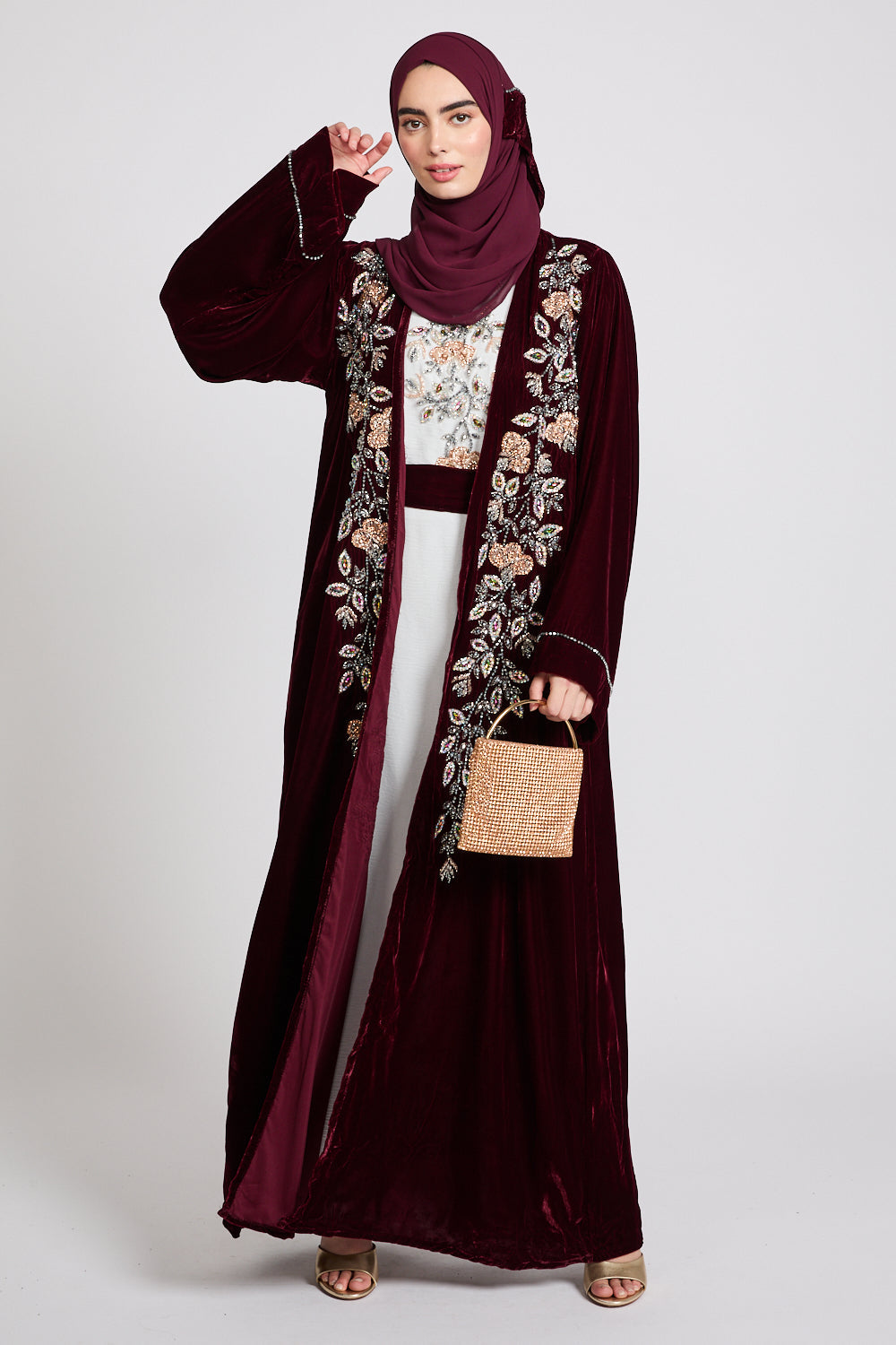 Luxury Four Piece Velvet Embellished Open Abaya Set - Burgundy Rose