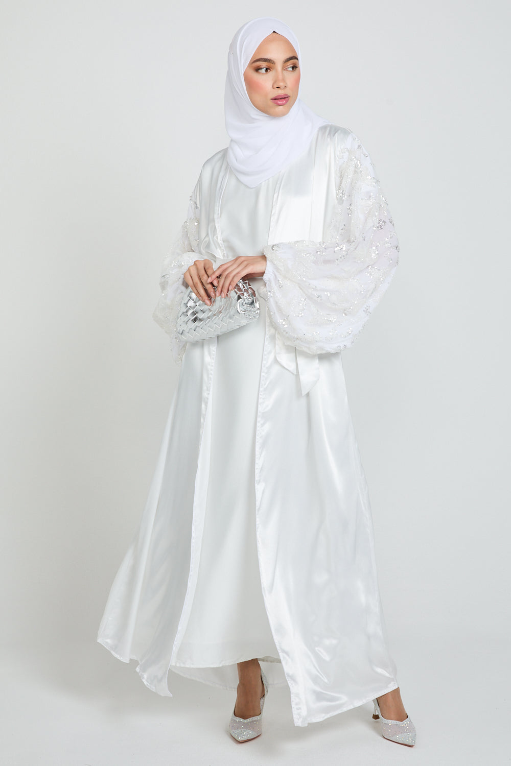 Luxury Satin Open Abaya with Embellished Balloon Sleeves - White