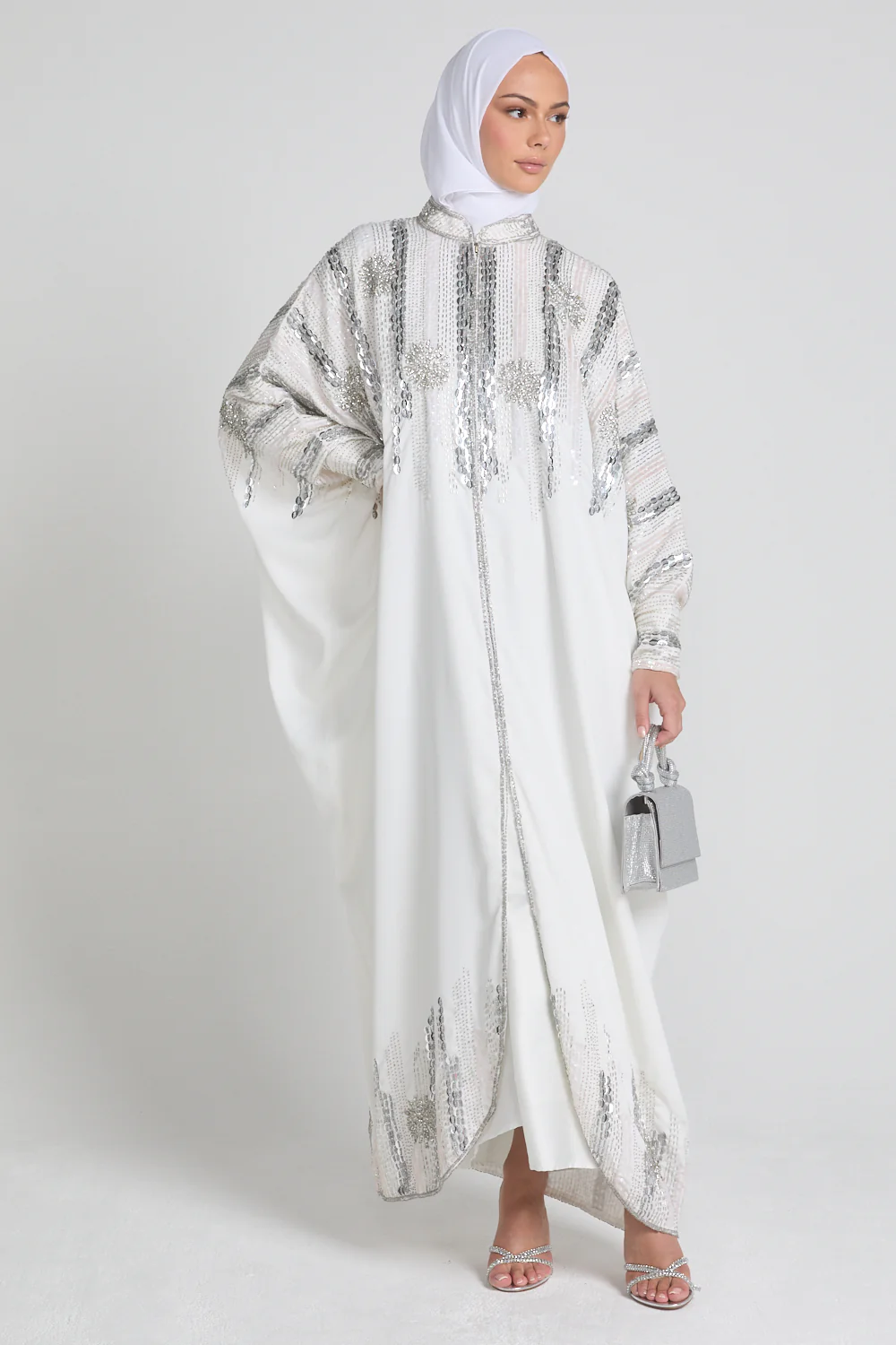 Luxury Cosmic Blossom Embellished Open Abaya with Front Zip - White