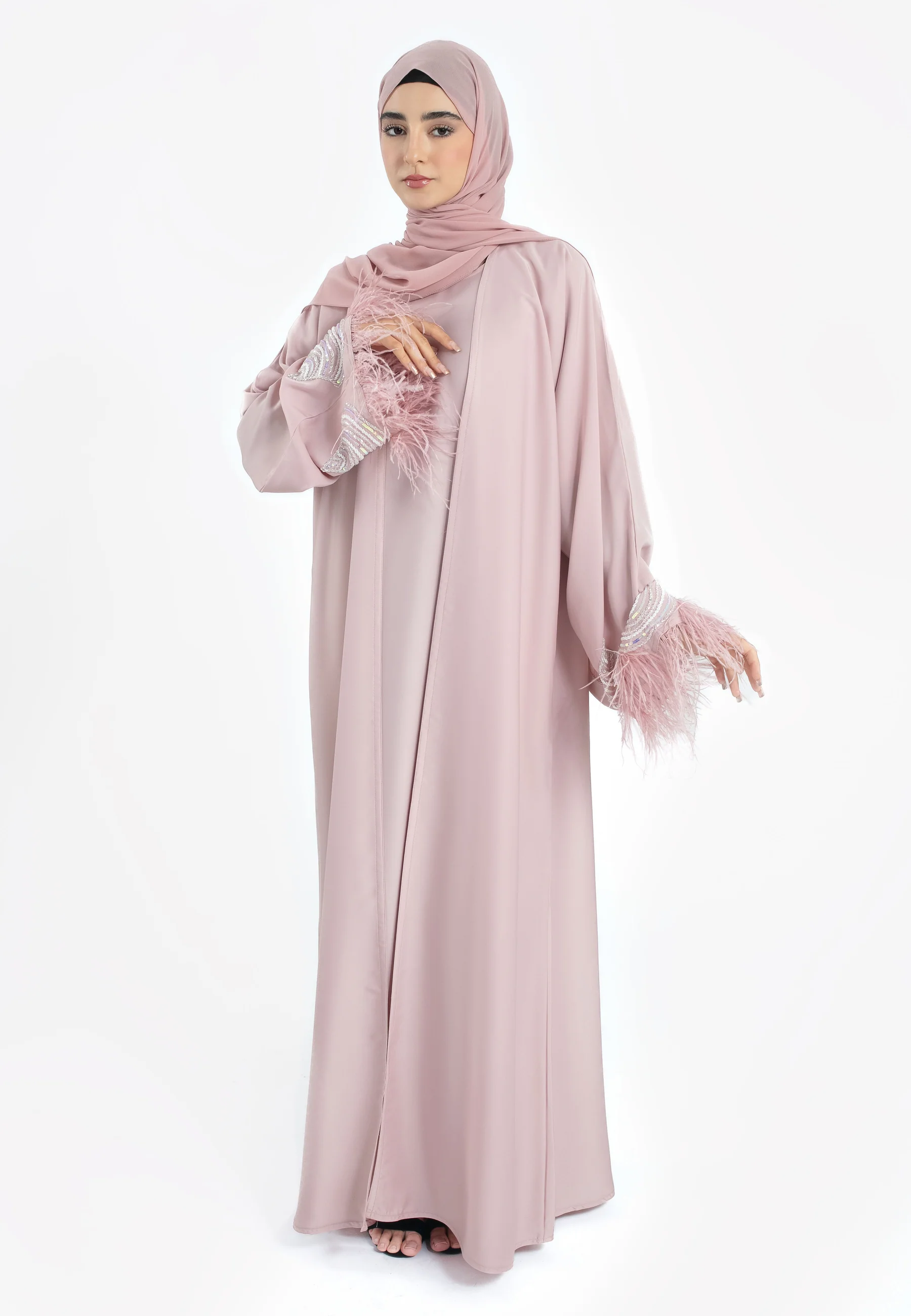 Luxury Rose Blush Feathered 4-Piece Abaya Set