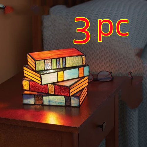 Stacked Books Lamp - Decorative Bedside Table Light with Stained Glass Design | Resin Handicraft Desk Lamp