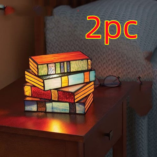 Stacked Books Lamp - Decorative Bedside Table Light with Stained Glass Design | Resin Handicraft Desk Lamp