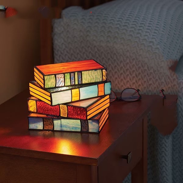 Stacked Books Lamp - Decorative Bedside Table Light with Stained Glass Design | Resin Handicraft Desk Lamp