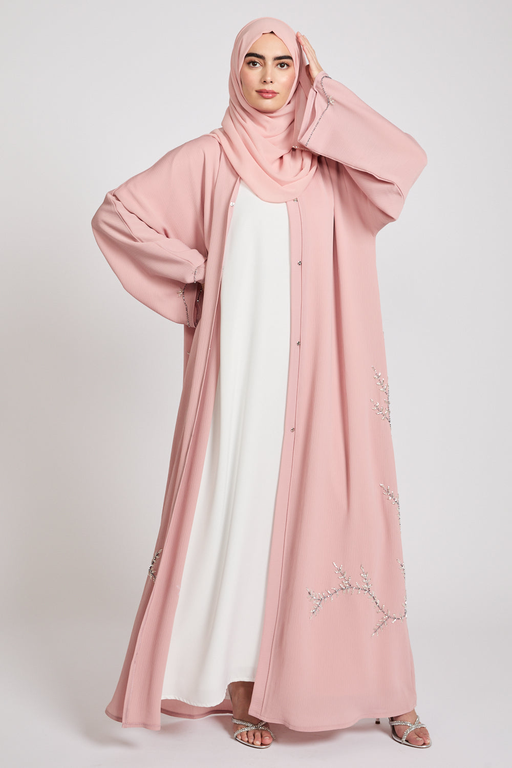 Premium Textured Floral Cascading Embellished Open Abaya - Blush