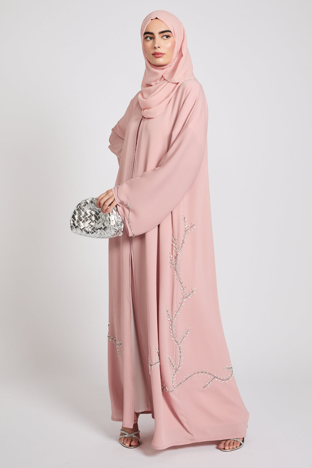 Premium Textured Floral Cascading Embellished Open Abaya - Blush