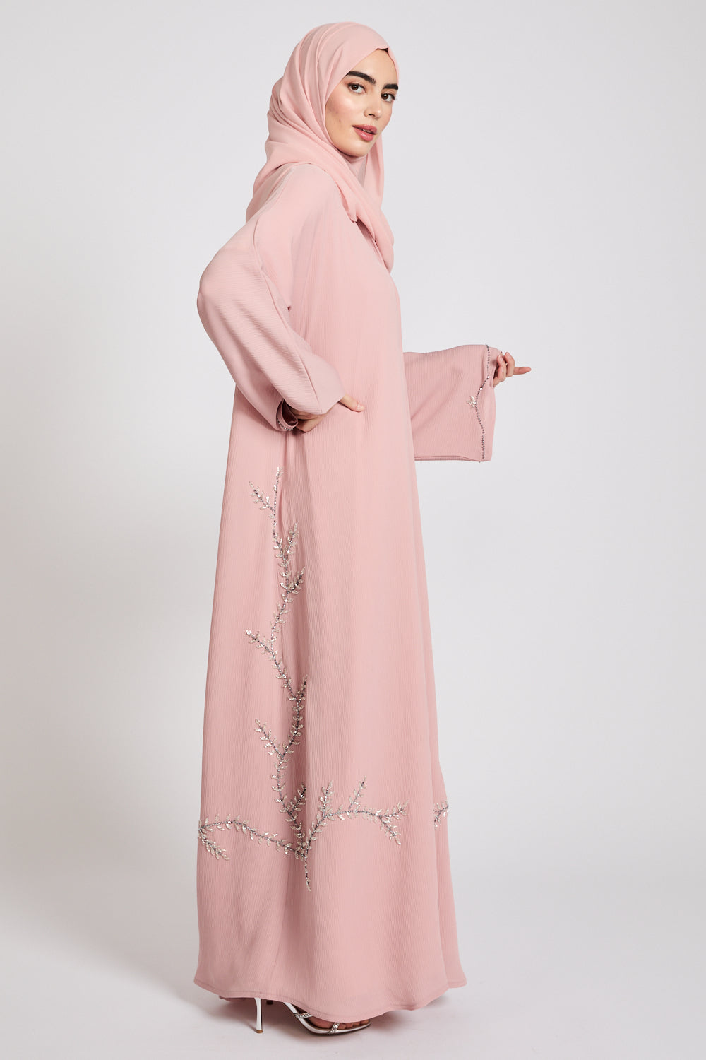 Premium Textured Floral Cascading Embellished Open Abaya - Blush