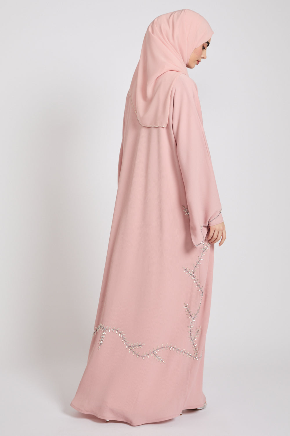 Premium Textured Floral Cascading Embellished Open Abaya - Blush