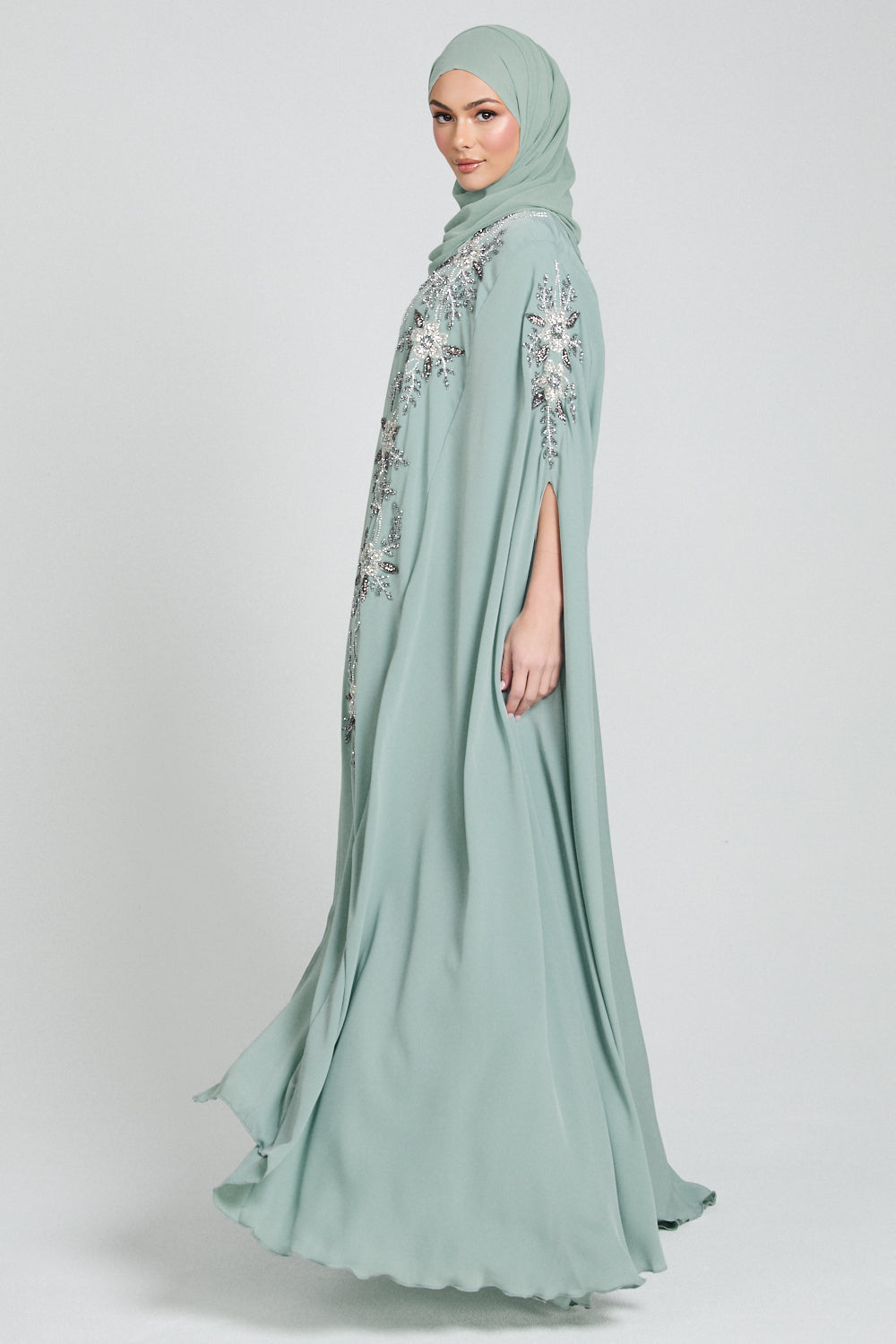 Luxury Floral Embellished Cape - Minted Sage