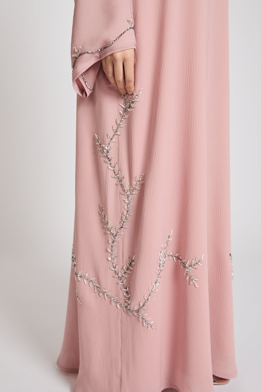 Premium Textured Floral Cascading Embellished Open Abaya - Blush