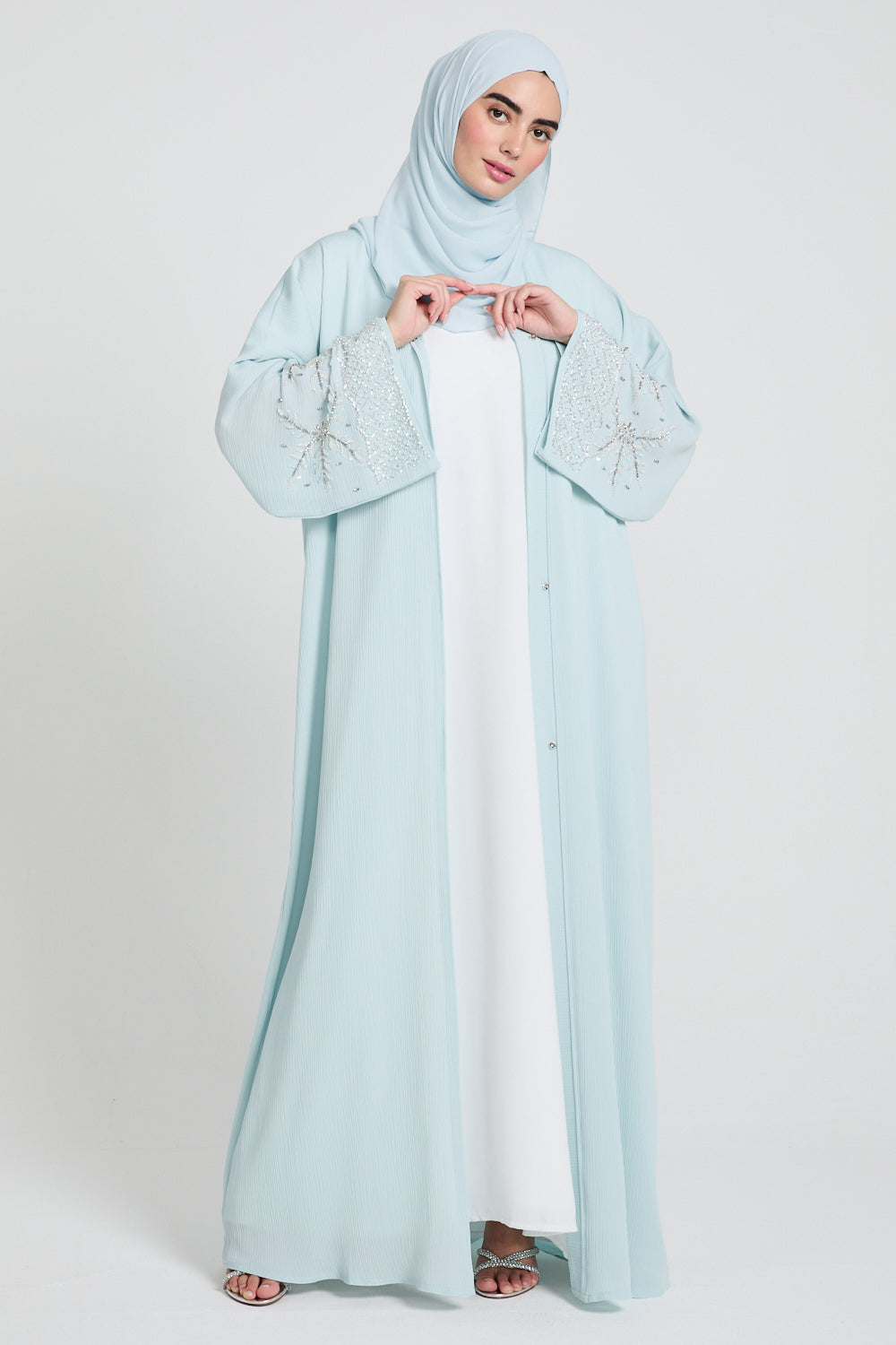 Premium Textured Embellished Cuff Open Abaya - Tiffany Blue