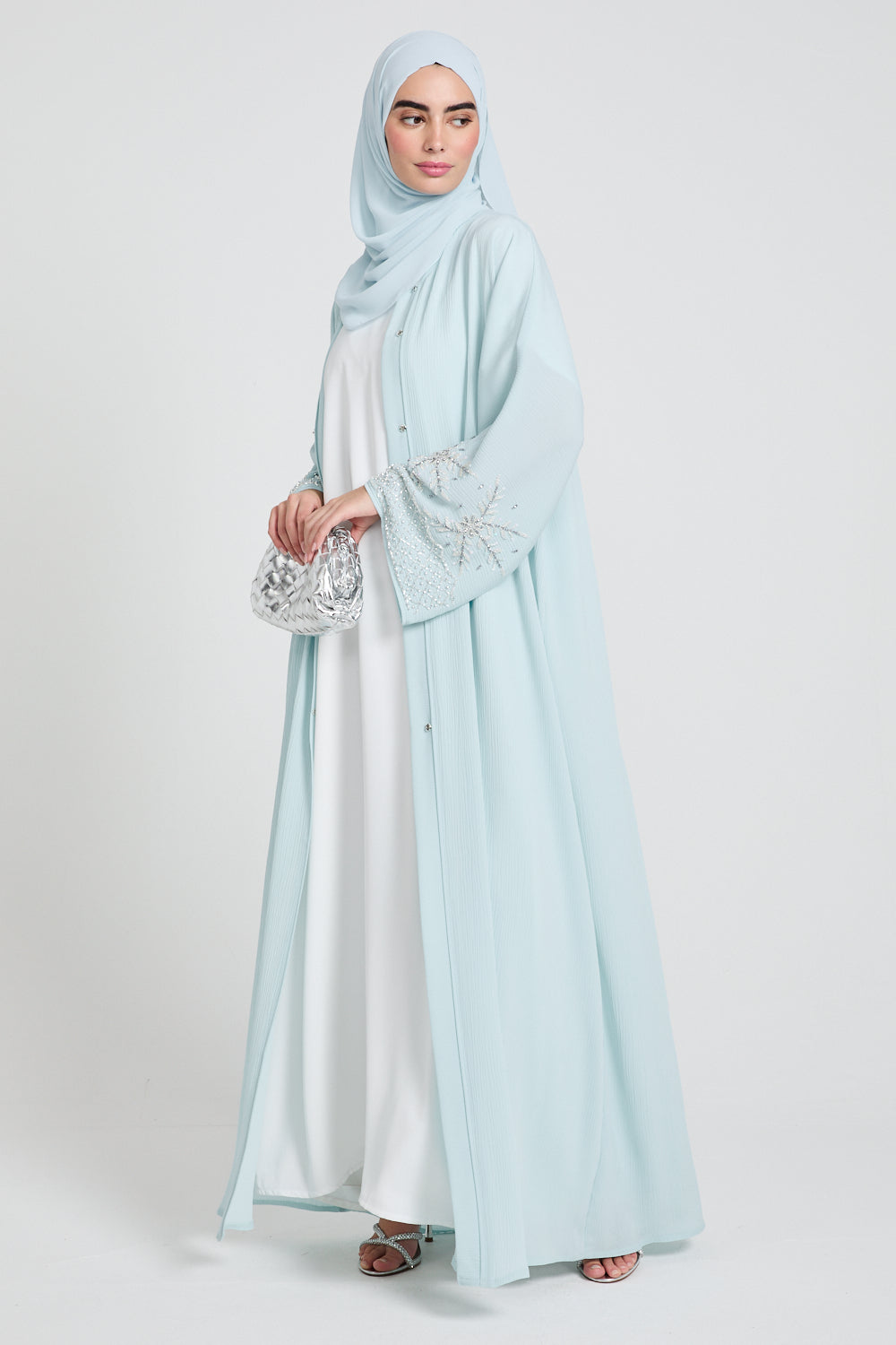 Premium Textured Embellished Cuff Open Abaya - Tiffany Blue