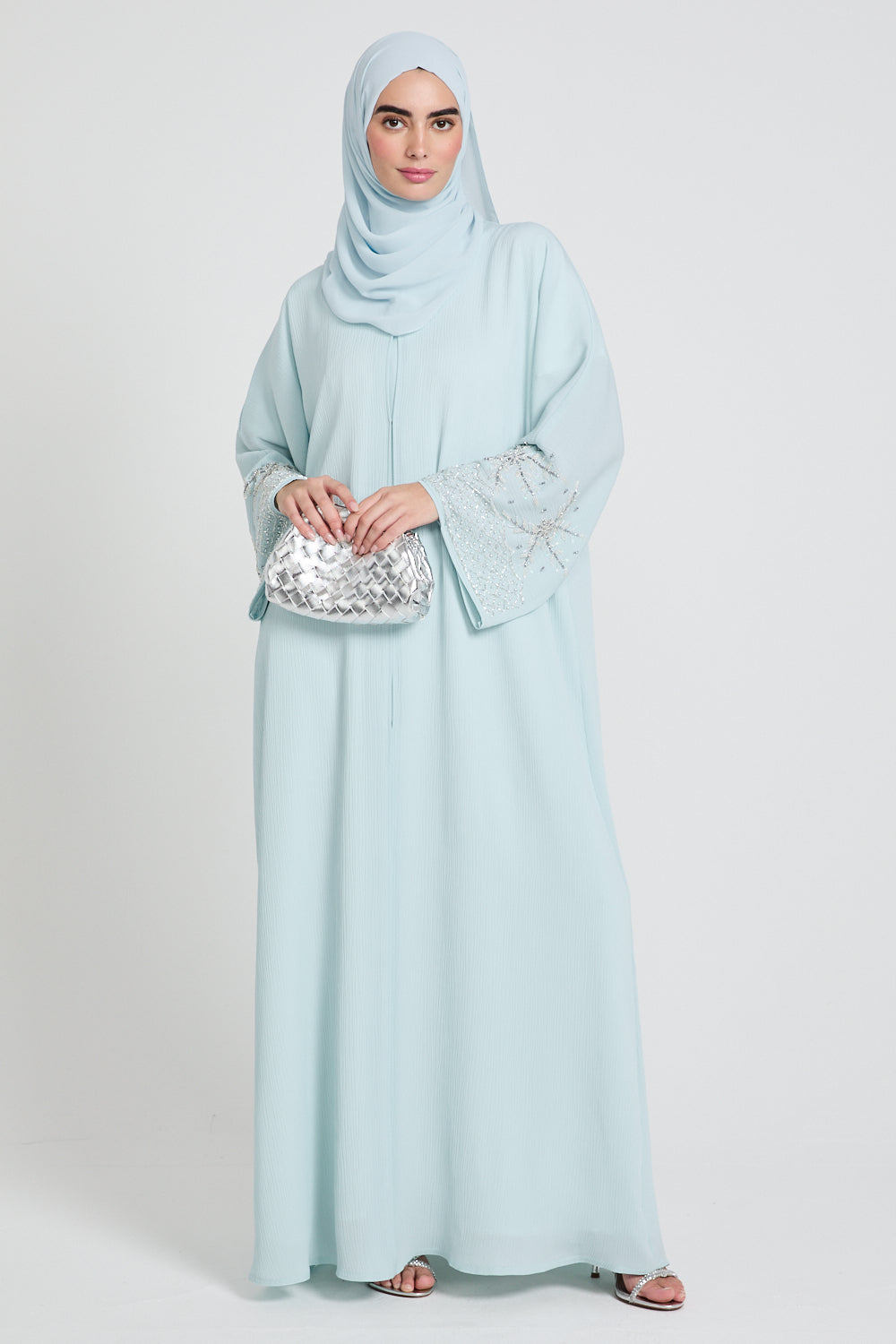Premium Textured Embellished Cuff Open Abaya - Tiffany Blue