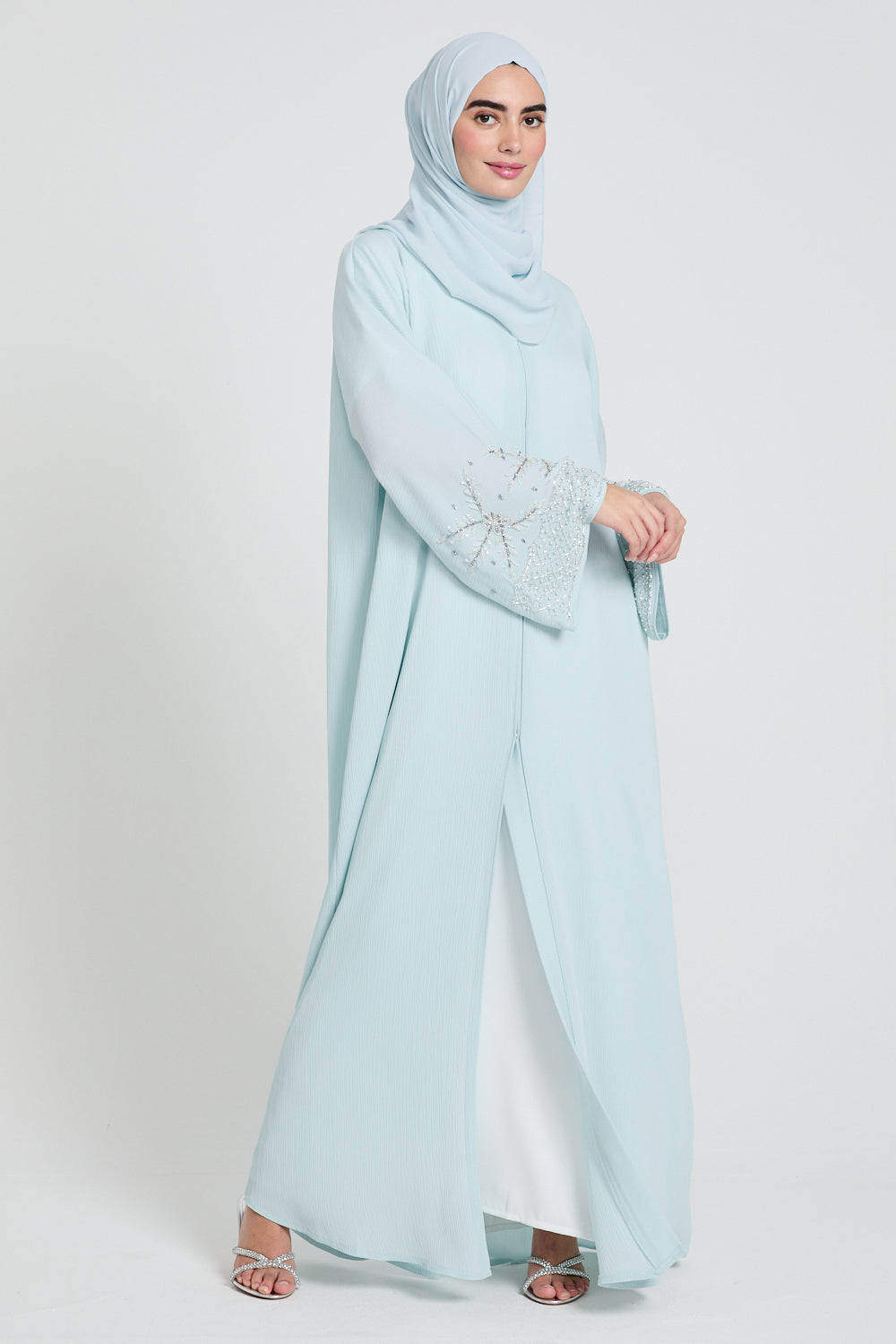 Premium Textured Embellished Cuff Open Abaya - Tiffany Blue
