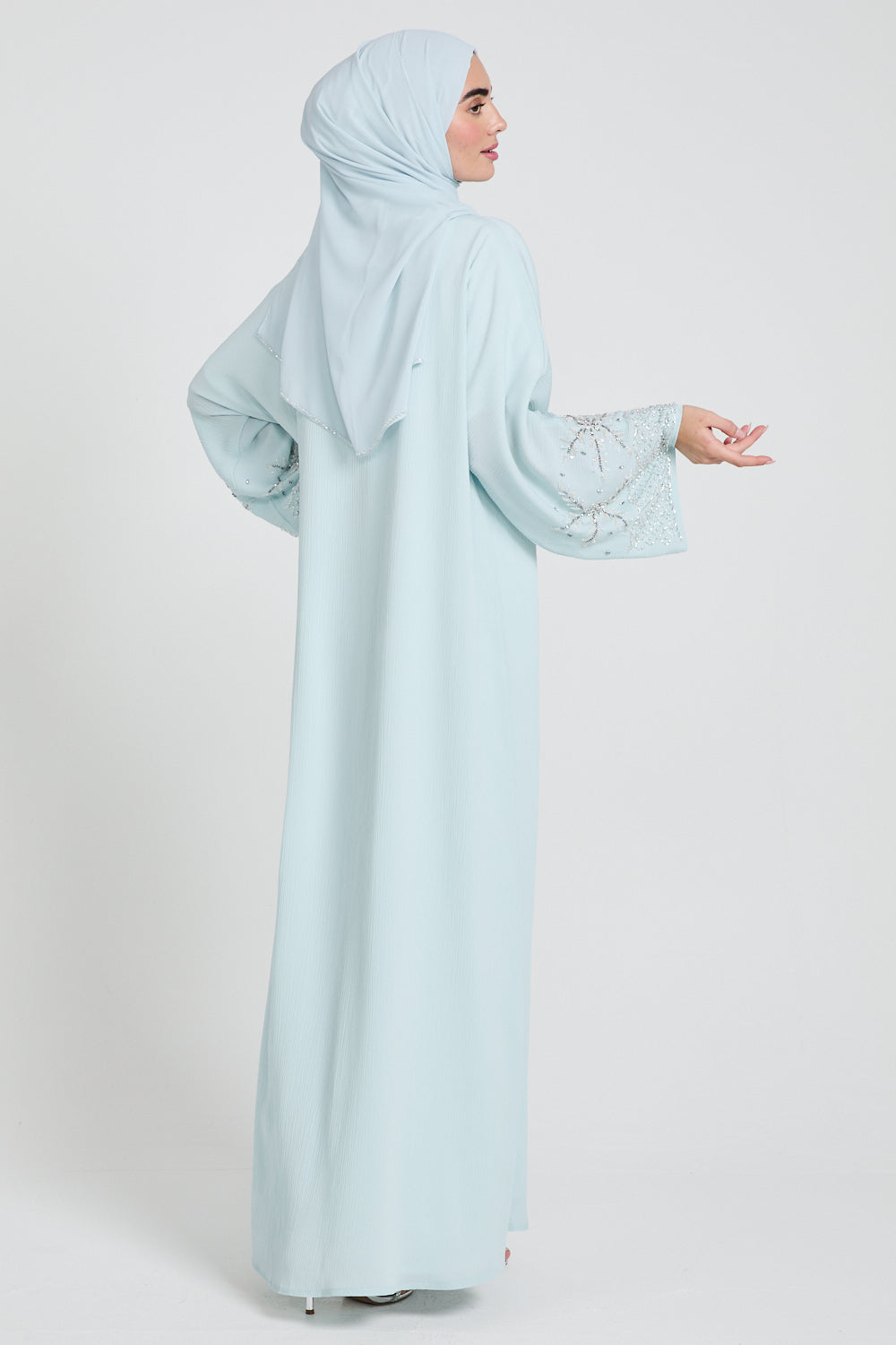 Premium Textured Embellished Cuff Open Abaya - Tiffany Blue