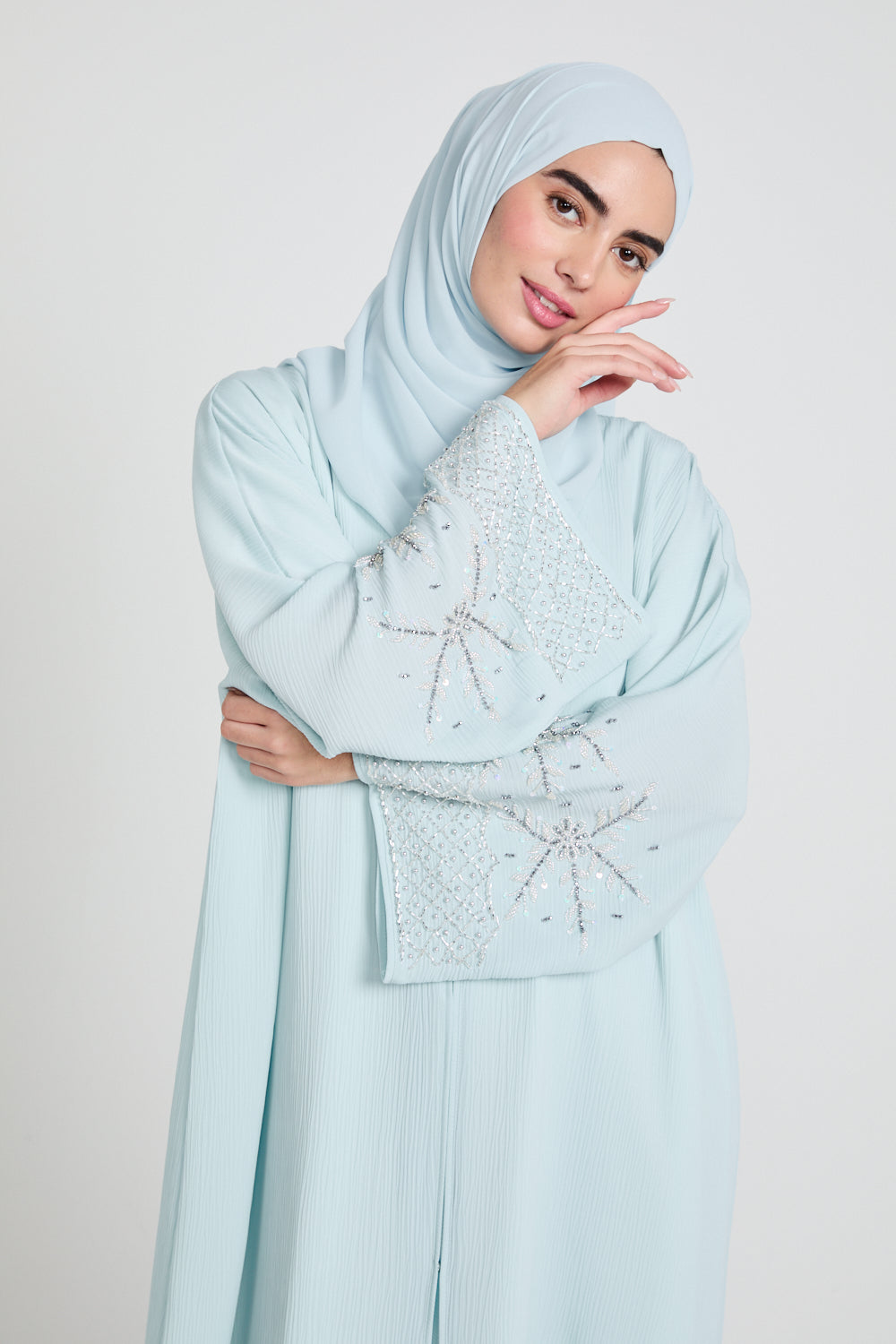 Premium Textured Embellished Cuff Open Abaya - Tiffany Blue