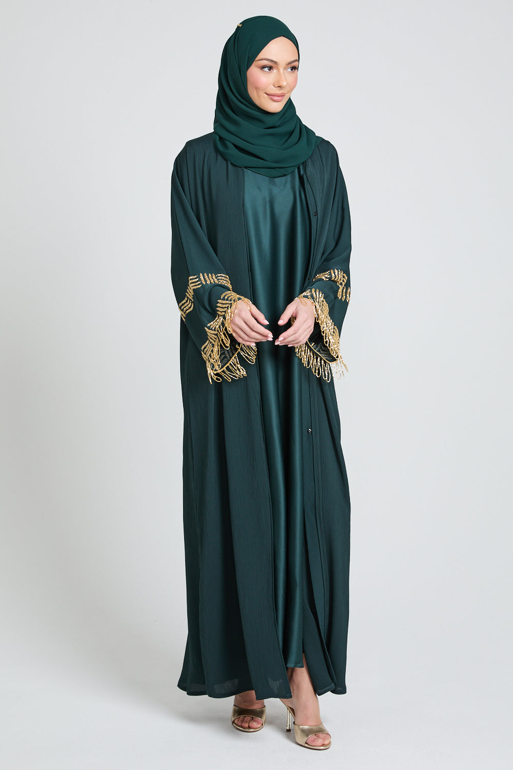 Premium Textured Regal Tassel Embellished Cuff Open Abaya - Emerald Noir