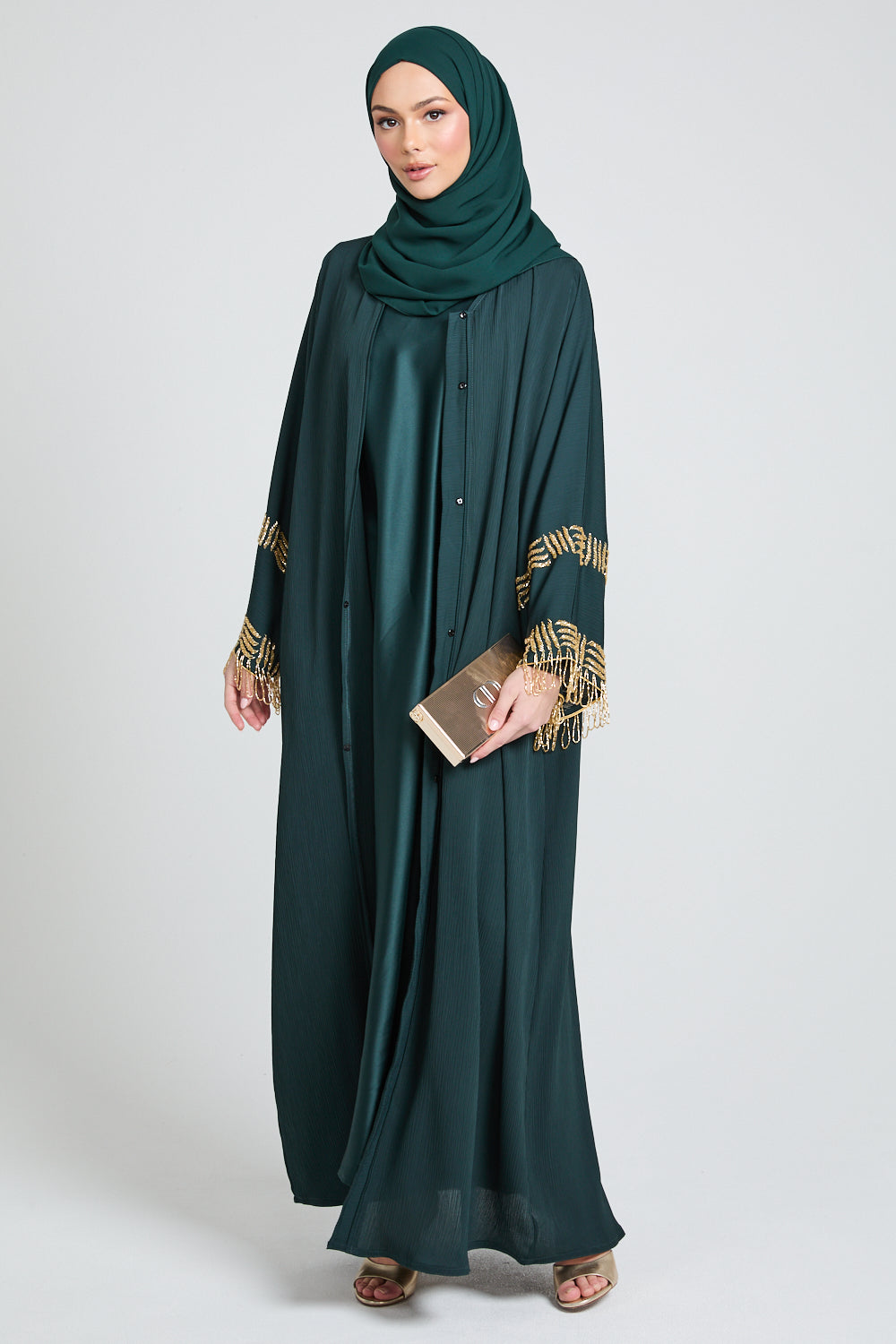 Premium Textured Regal Tassel Embellished Cuff Open Abaya - Emerald Noir