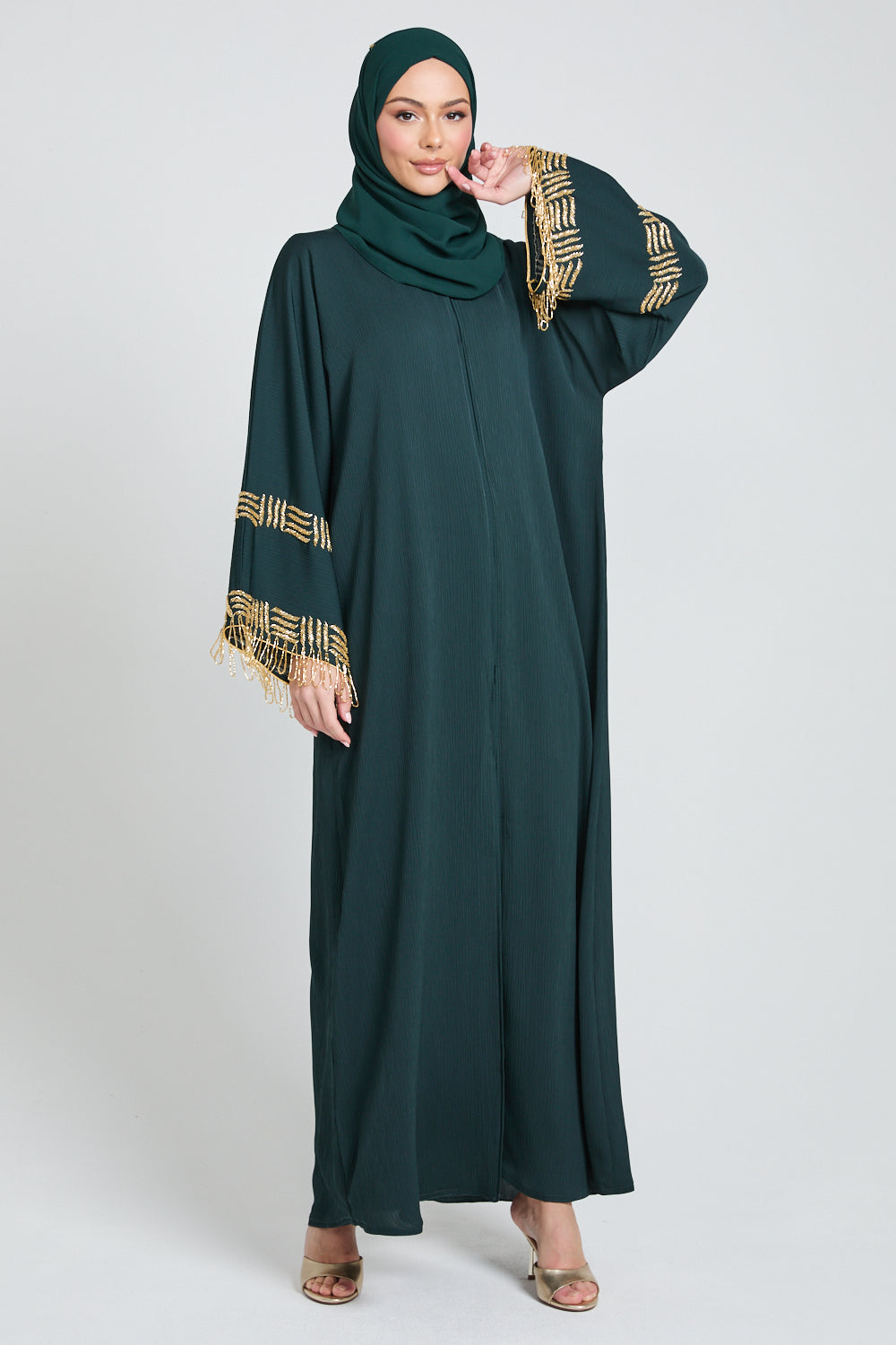 Premium Textured Regal Tassel Embellished Cuff Open Abaya - Emerald Noir