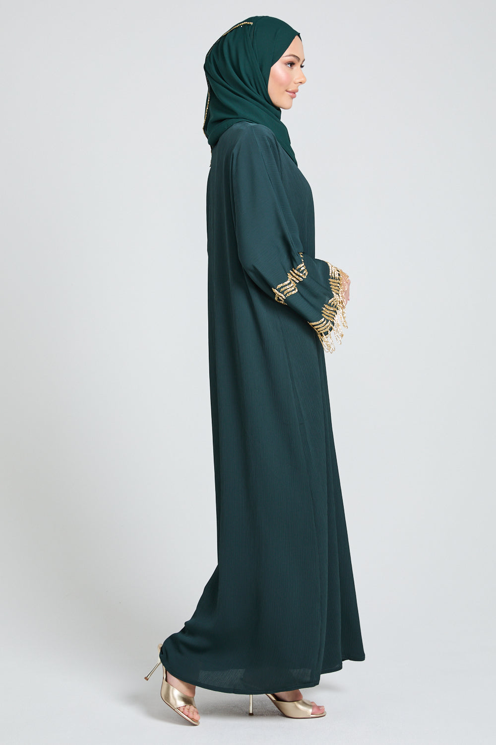 Premium Textured Regal Tassel Embellished Cuff Open Abaya - Emerald Noir