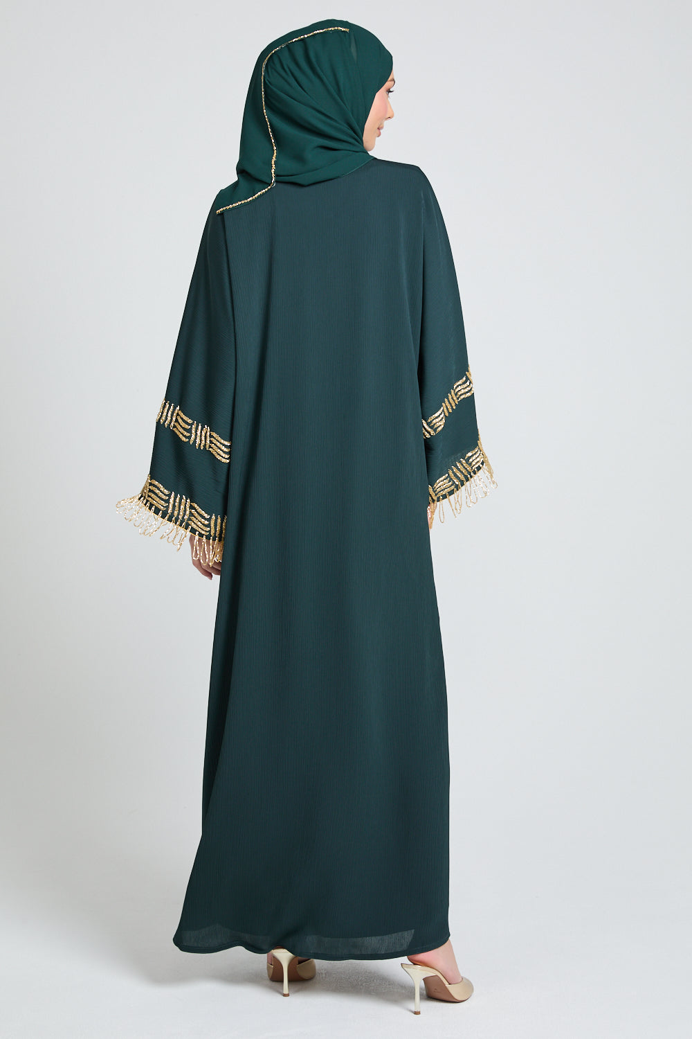 Premium Textured Regal Tassel Embellished Cuff Open Abaya - Emerald Noir