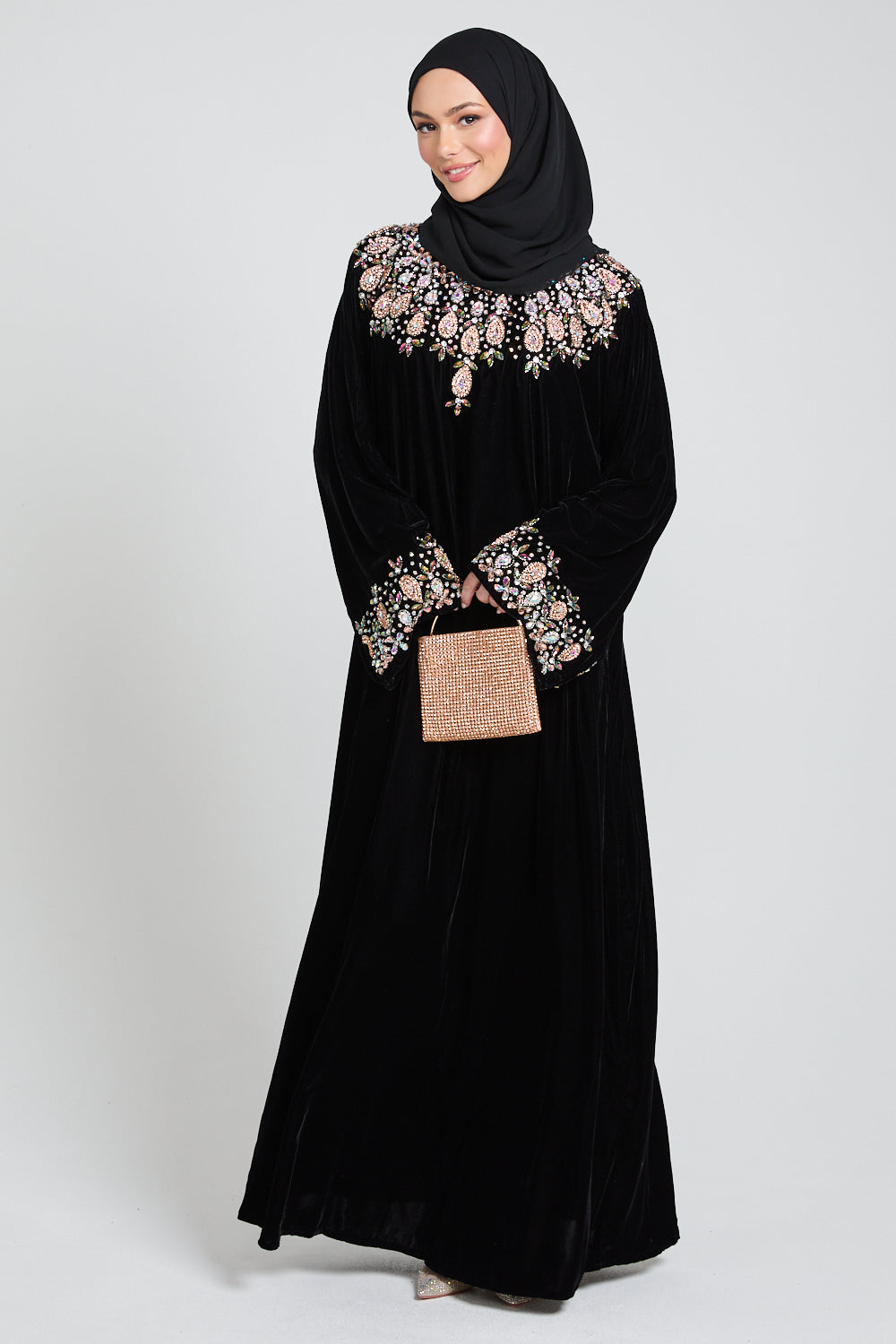 Luxury Velvet Closed Abaya with Floral Motif Embellishments - Black