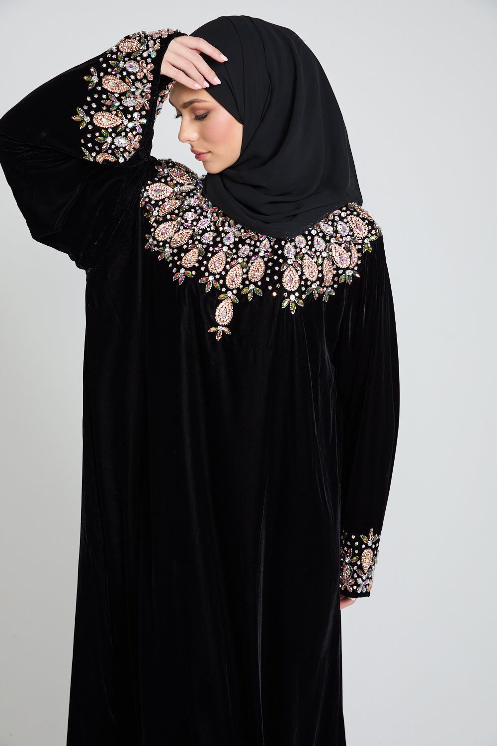 Luxury Velvet Closed Abaya with Floral Motif Embellishments - Black