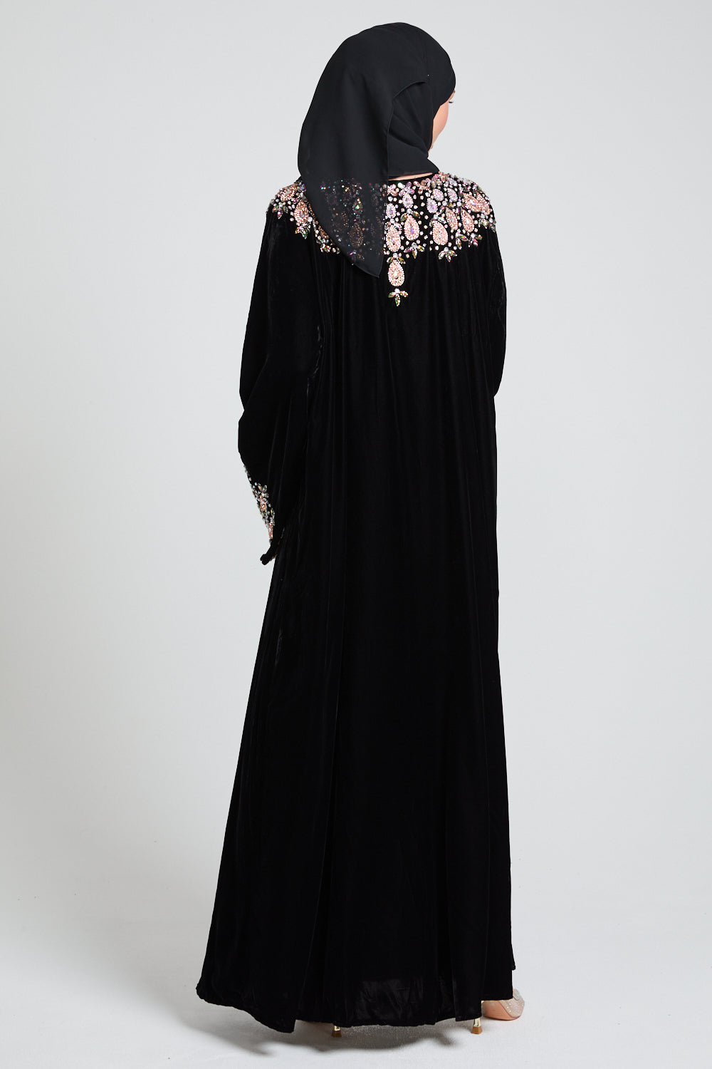 Luxury Velvet Closed Abaya with Floral Motif Embellishments - Black