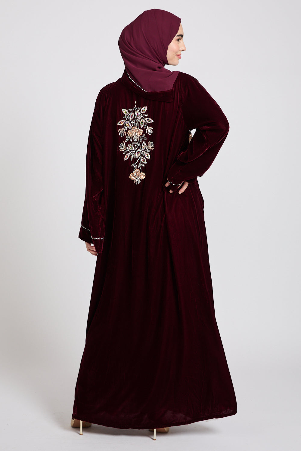 Luxury Four Piece Velvet Embellished Open Abaya Set - Burgundy Rose