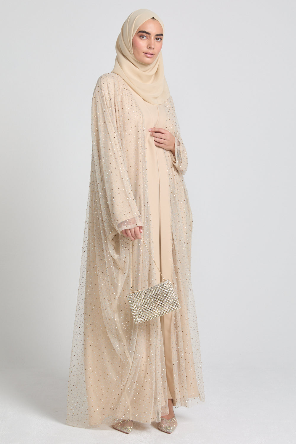 Luxury Three Piece Celestial Stardust Open Abaya Set - Moonlit Sand