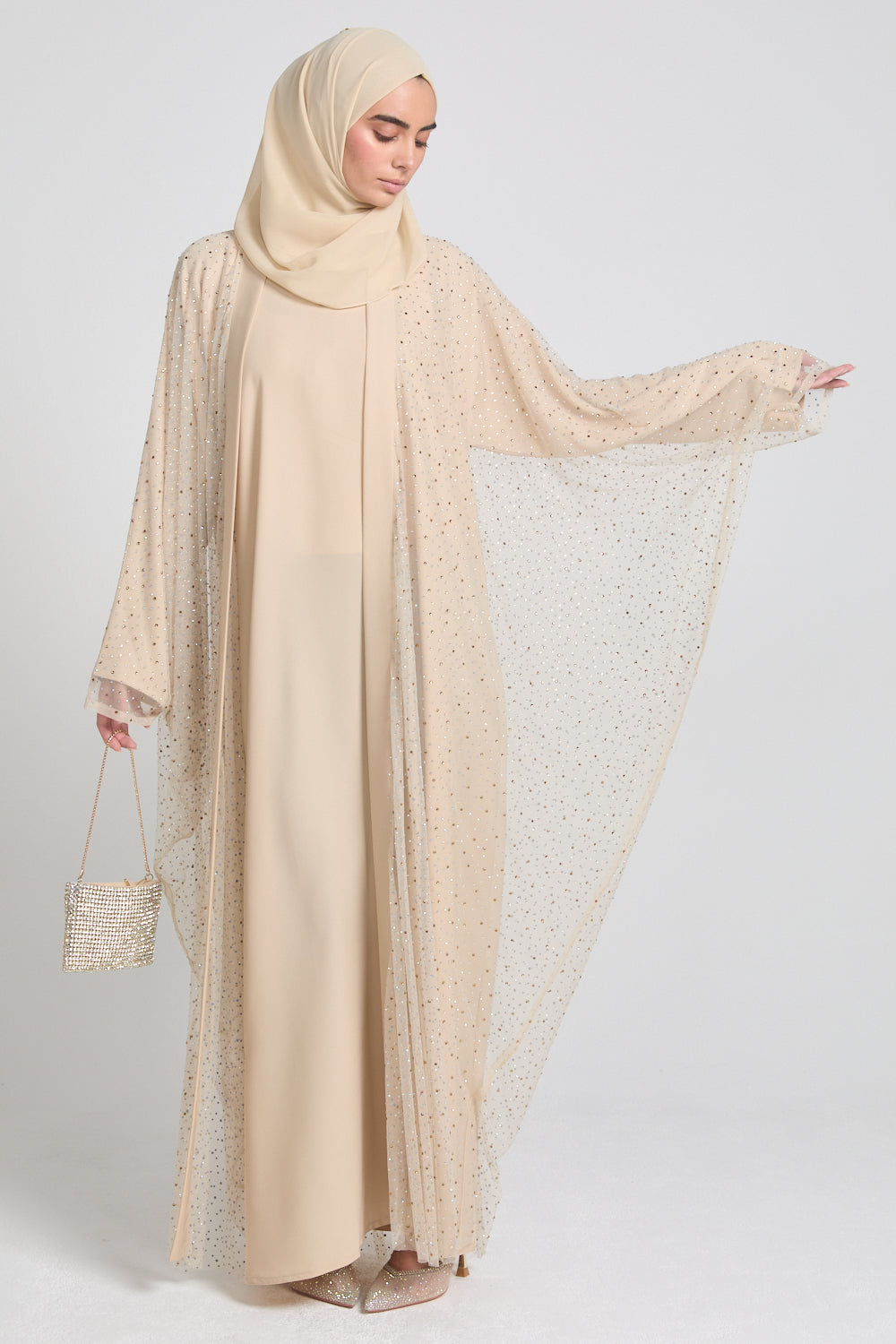 Luxury Three Piece Celestial Stardust Open Abaya Set - Moonlit Sand