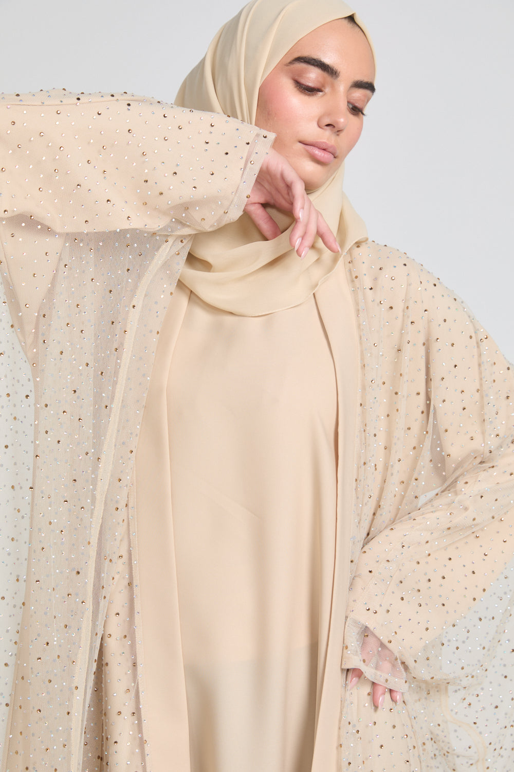 Luxury Three Piece Celestial Stardust Open Abaya Set - Moonlit Sand