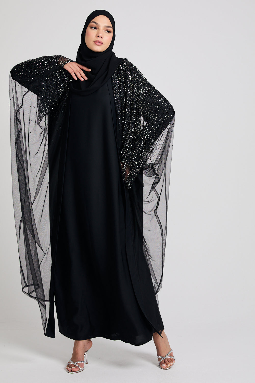 Luxury Three Piece Celestial Stardust Open Abaya Set - Black