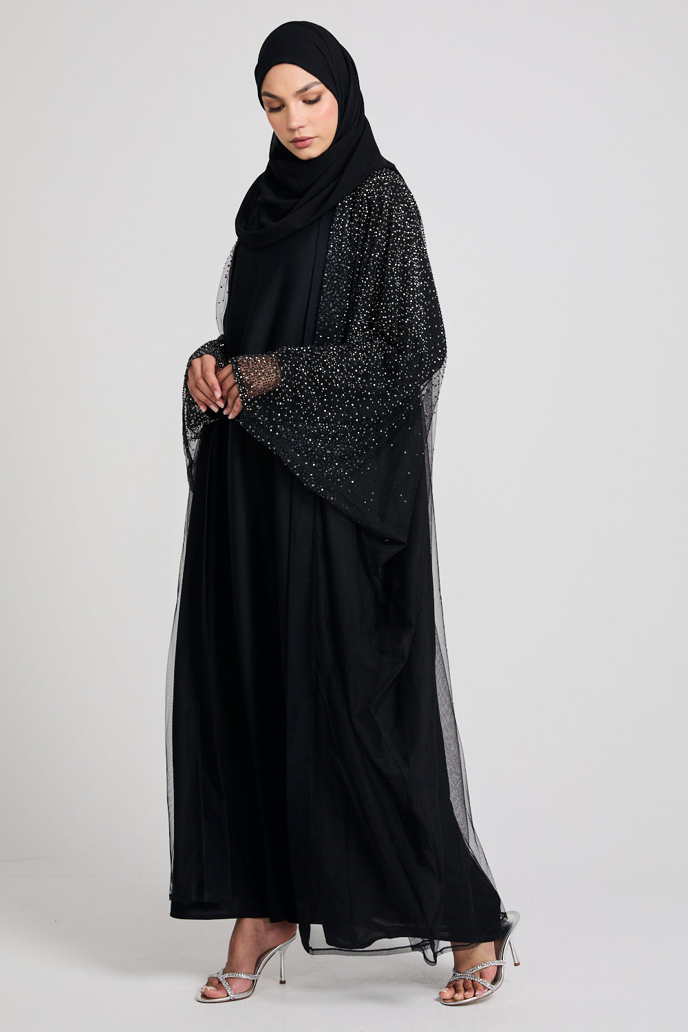 Luxury Three Piece Celestial Stardust Open Abaya Set - Black