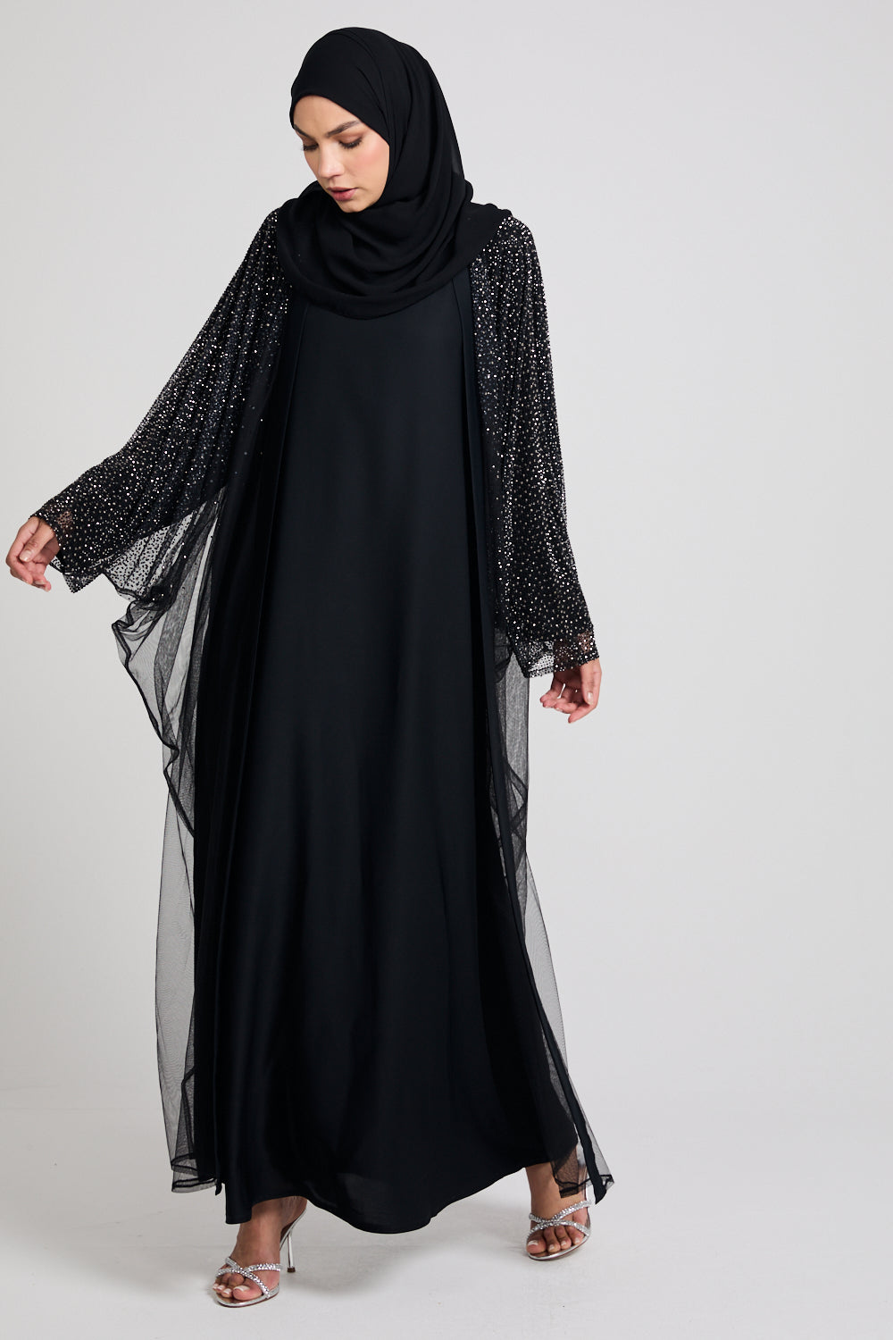Luxury Three Piece Celestial Stardust Open Abaya Set - Black