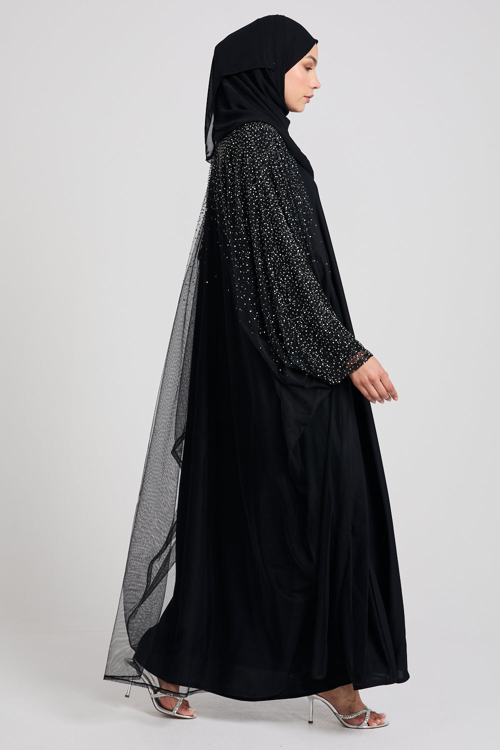 Luxury Three Piece Celestial Stardust Open Abaya Set - Black