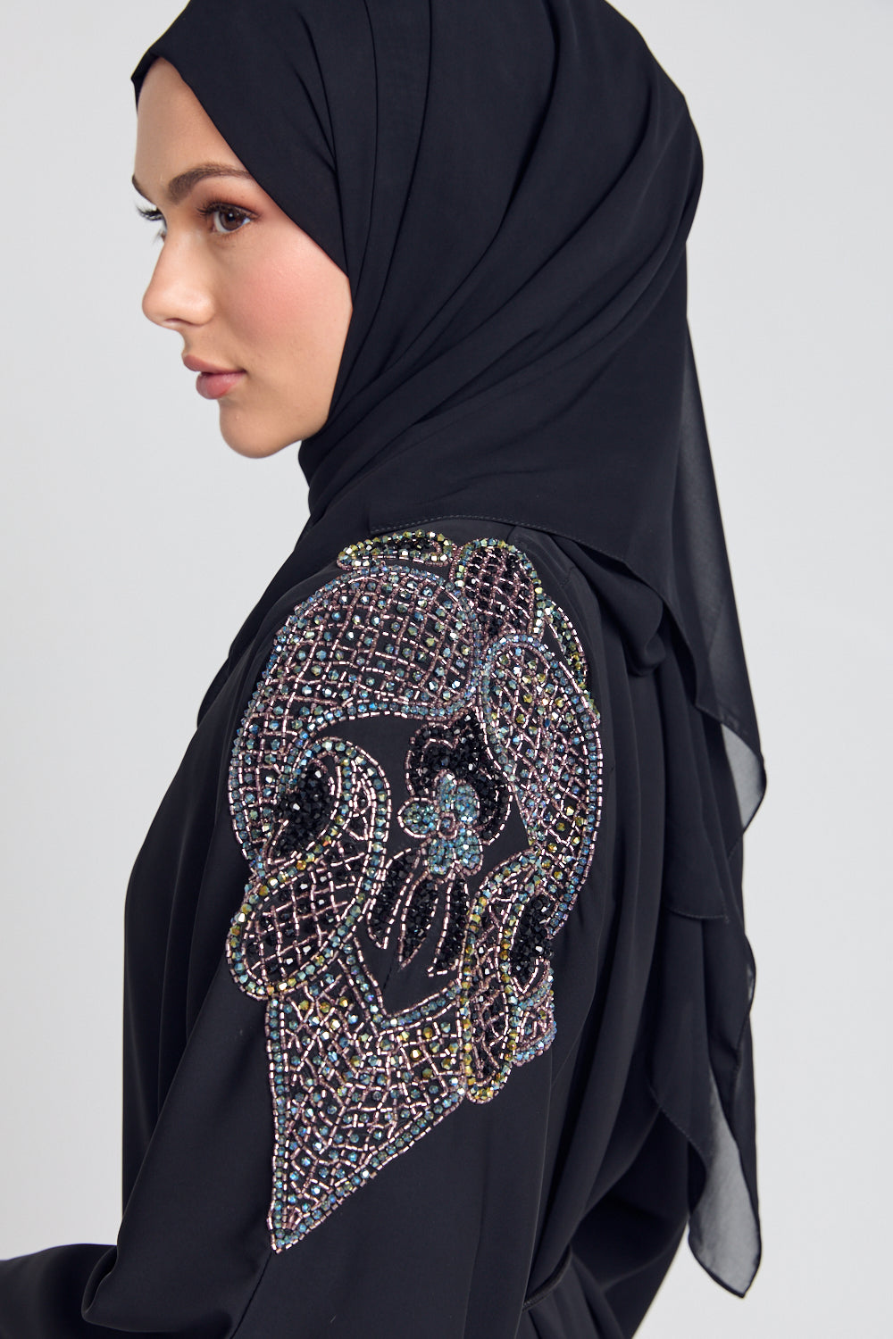Luxury Crystal Embellished Open Abaya - Mosaic Motif