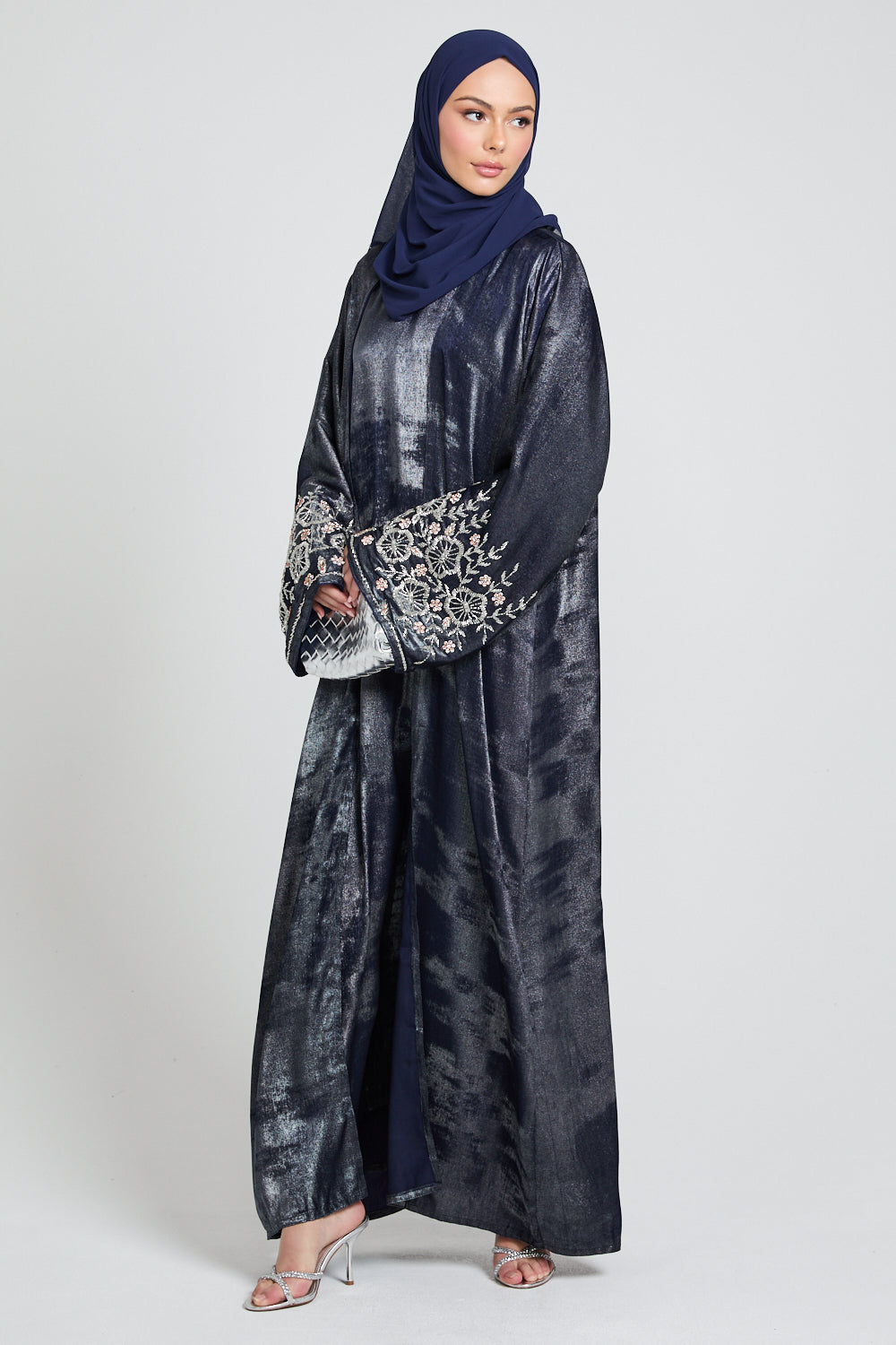 Luxury Four Piece Floral Embellished Cuff Open Abaya Set - Moonlit Sapphire