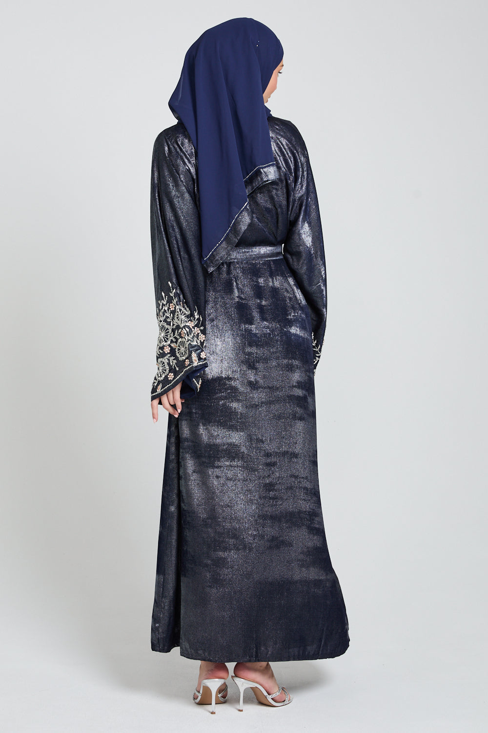 Luxury Four Piece Floral Embellished Cuff Open Abaya Set - Moonlit Sapphire