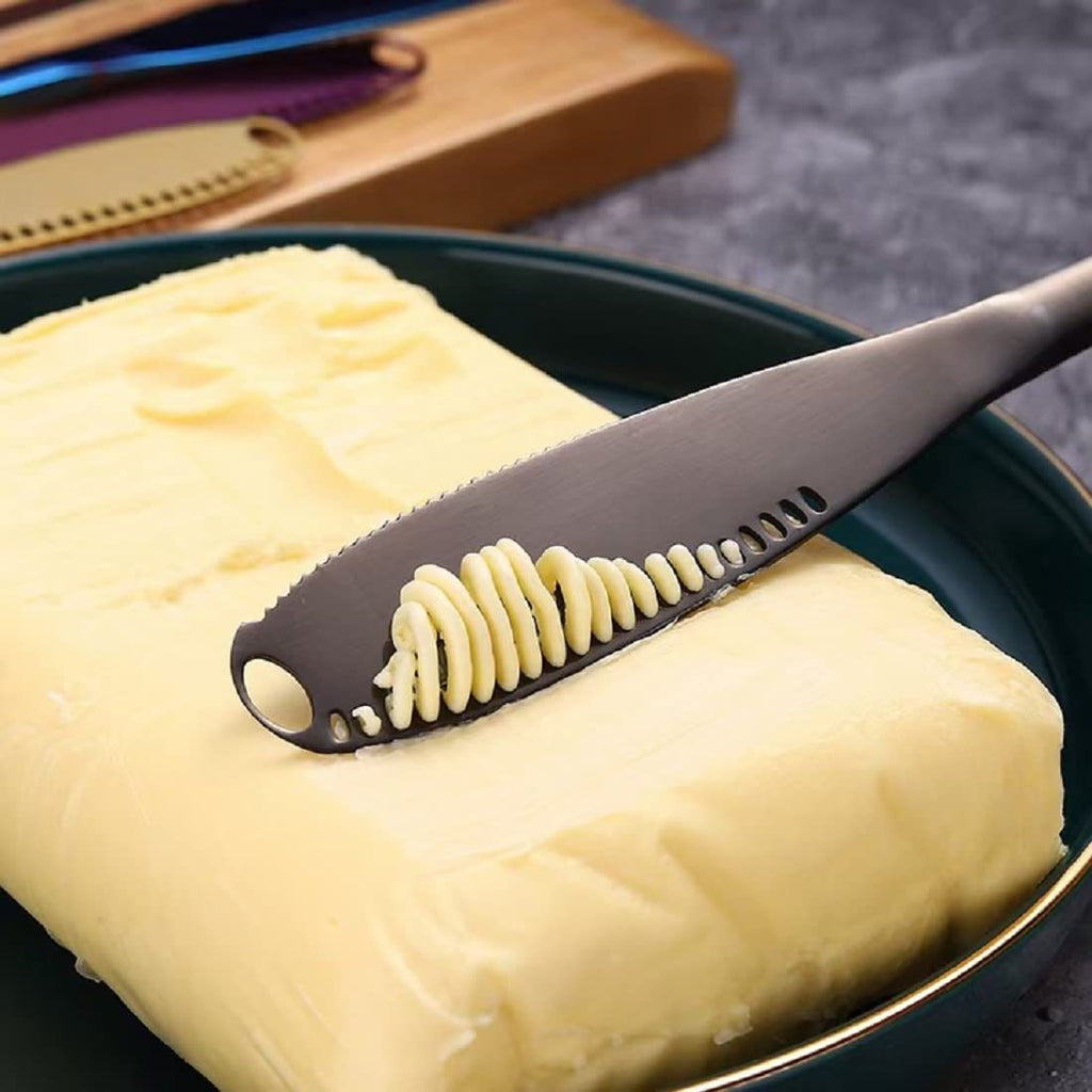 3-in-1 Stainless Steel Butter Spreader & Curler Knife | Serrated Edge & Holes | Cheese Knife & Kitchen Gadget
