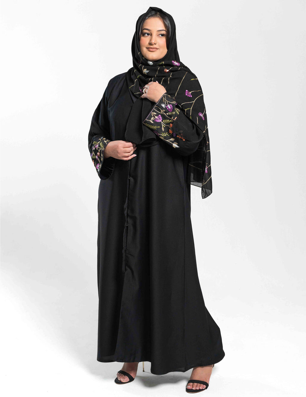 Black Open 'Bloom' Abaya with Blazer Collars