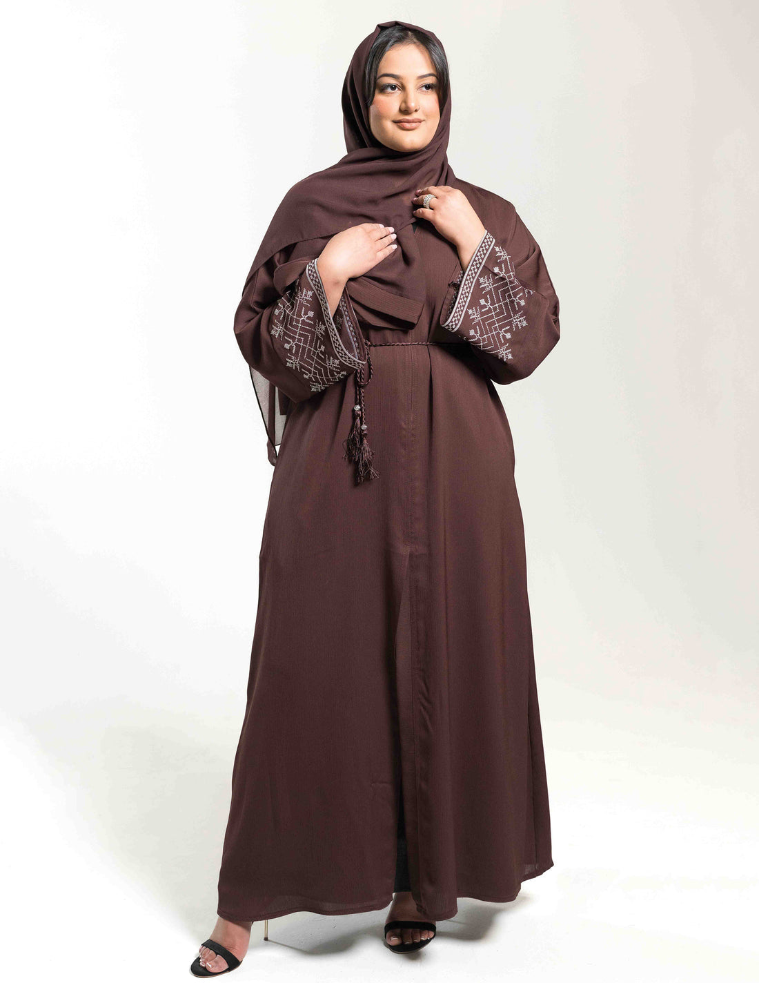 Open Brown Abaya with White Embroidery