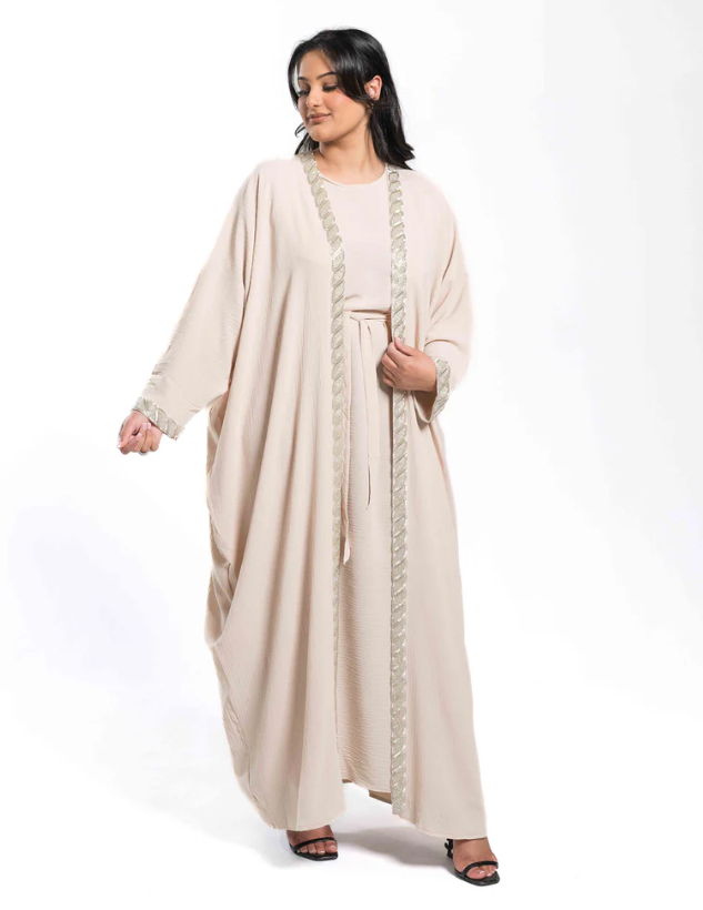 Beige Batwing 'Ajman' Open Lace Abaya