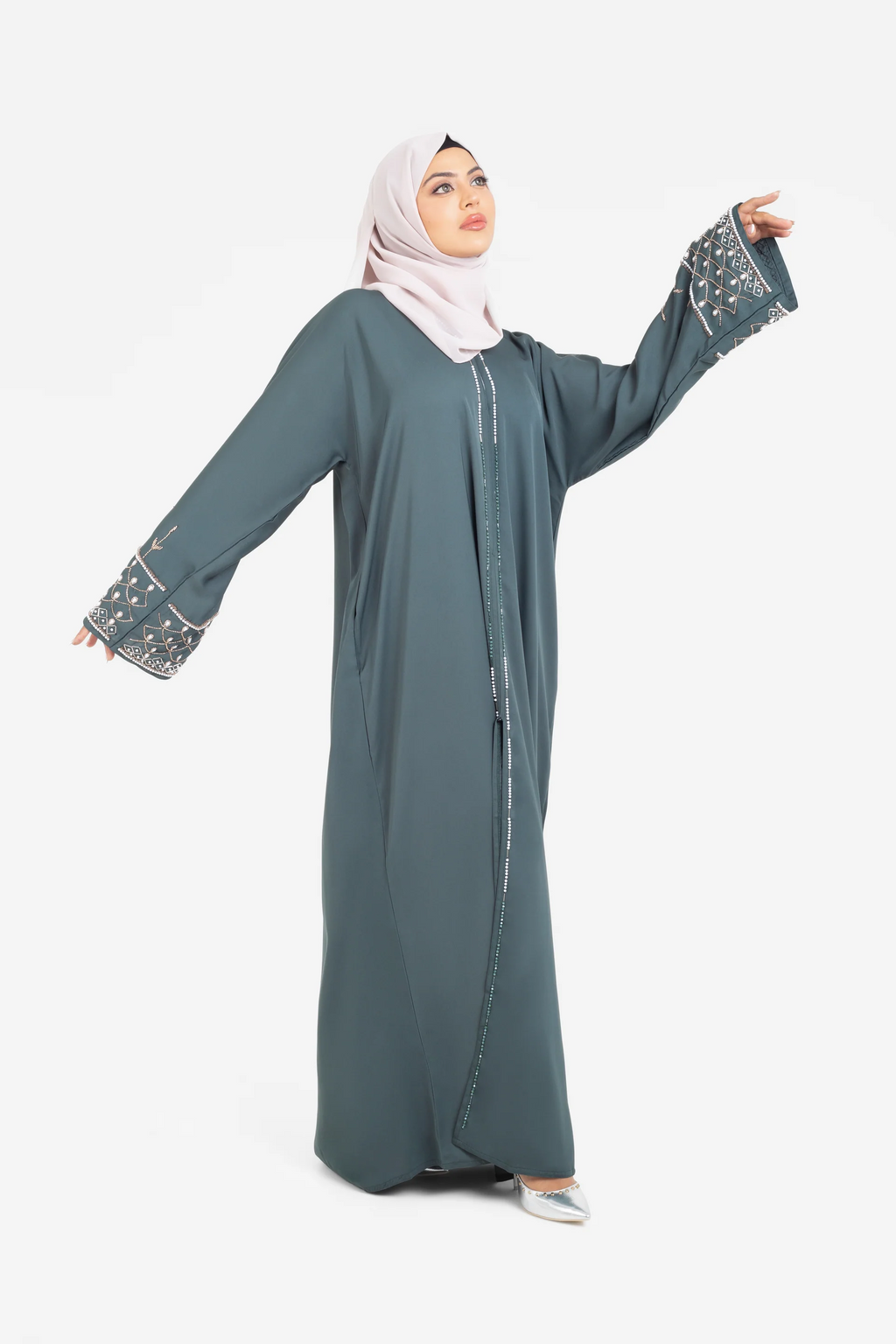 Forest Green Open Abaya With Detailed Embellished Sleeves