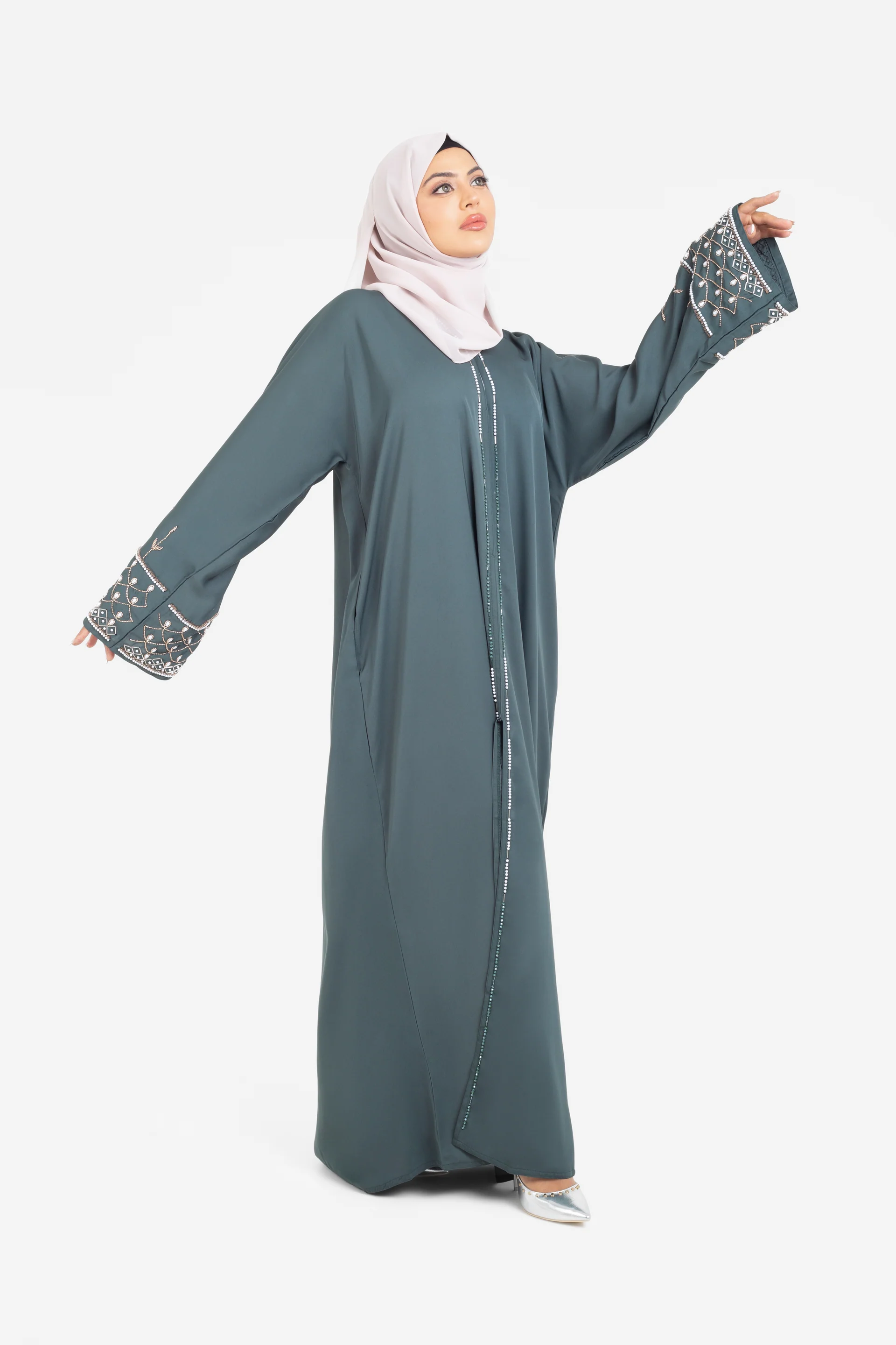 Forest Green Open Abaya With Detailed Embellished Sleeves