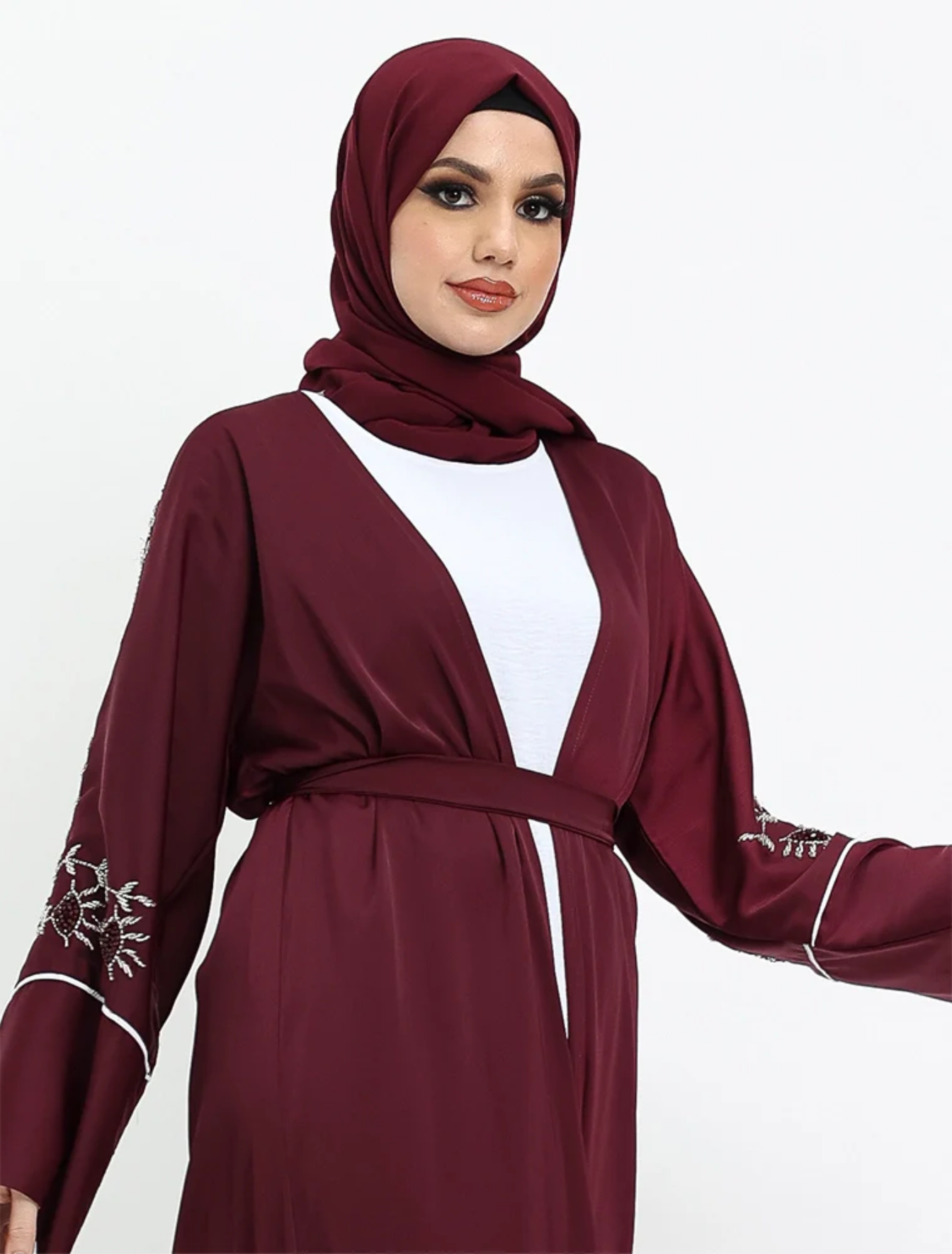 Maroon Floral Embellished Open Abaya