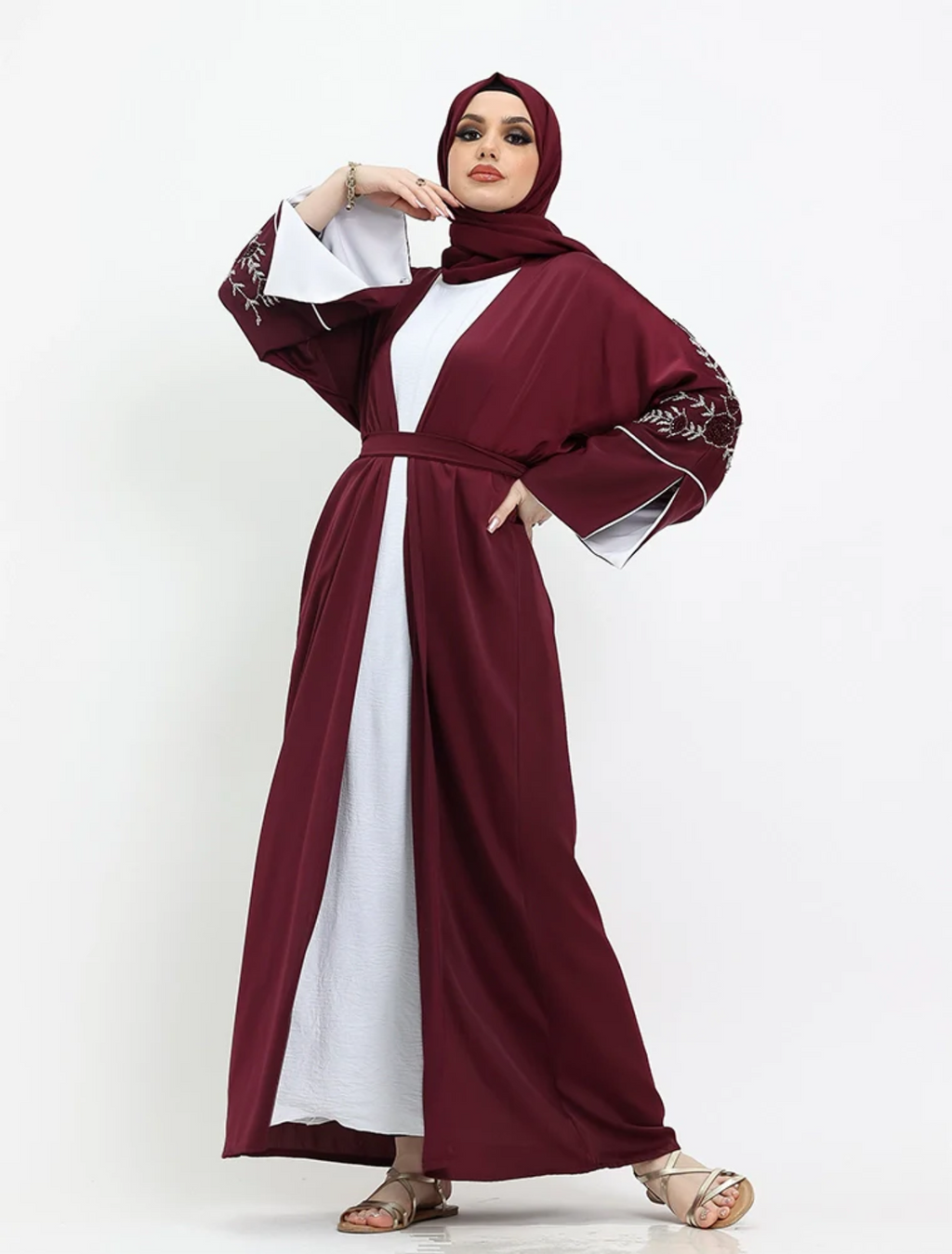 Maroon Floral Embellished Open Abaya