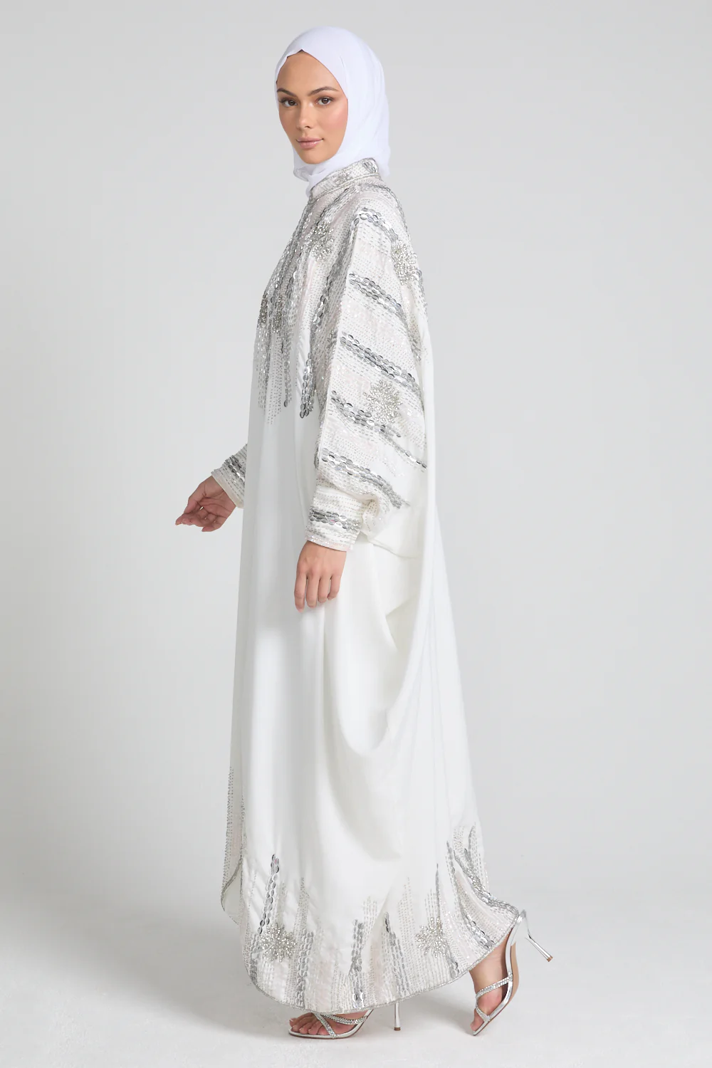 Luxury Cosmic Blossom Embellished Open Abaya with Front Zip - White