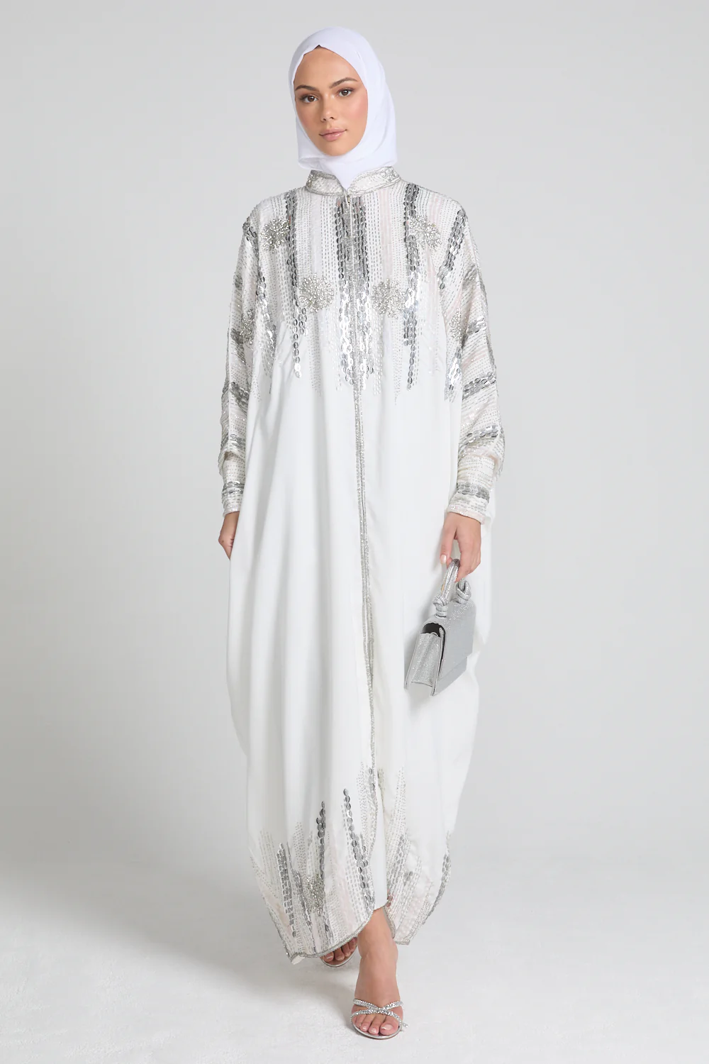 Luxury Cosmic Blossom Embellished Open Abaya with Front Zip - White
