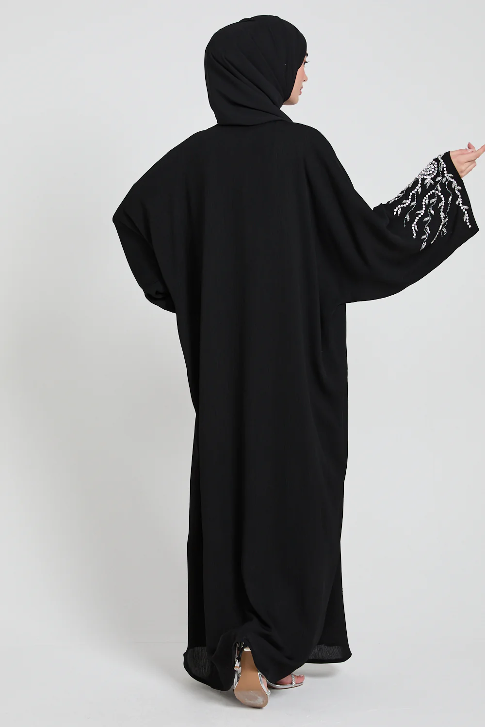 Premium Textured Embellished Open Farasha Abaya - Black